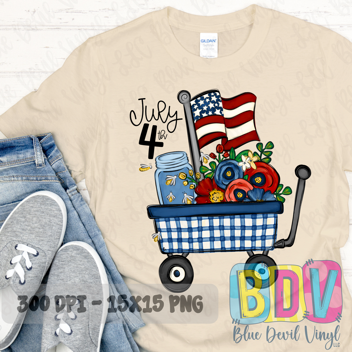 Beige t-shirt with a 'July 4th' design featuring a wagon, flowers, and an American flag, paired with jeans and sneakers.