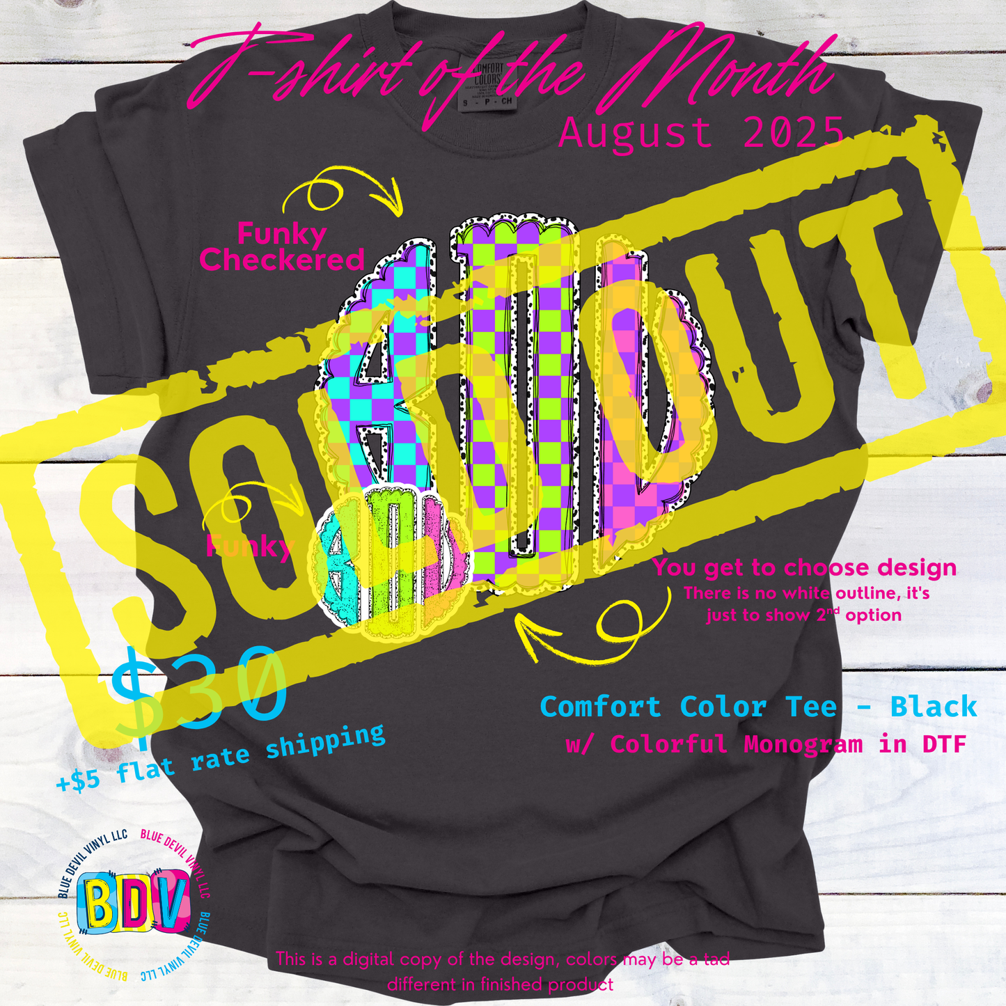 Black t-shirt with colorful monogram graphic