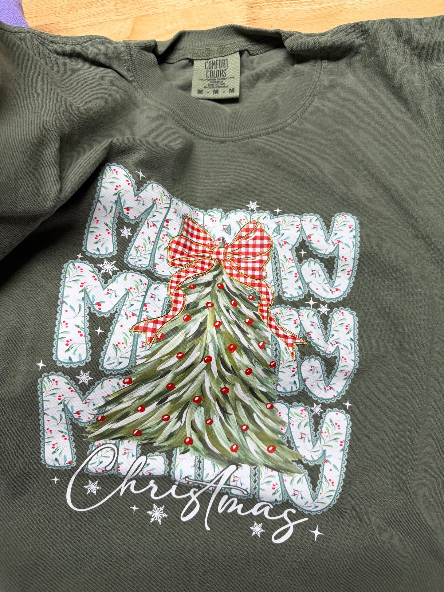 Comfort Color Dk Green Tee - Merry Merry Merry Christmas -Adult Medium