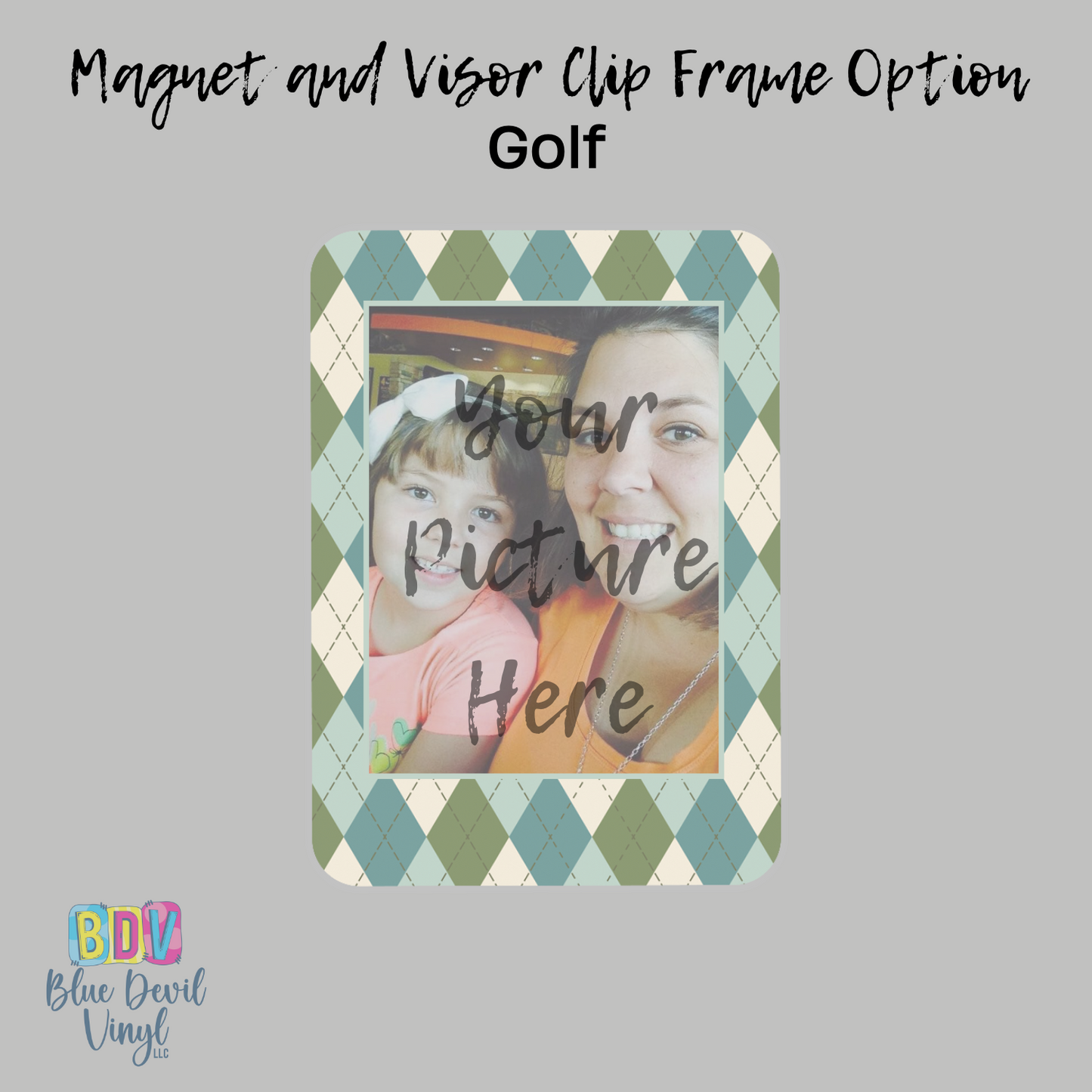 Golf photo frame option for custom visor clip, magnet or key chain