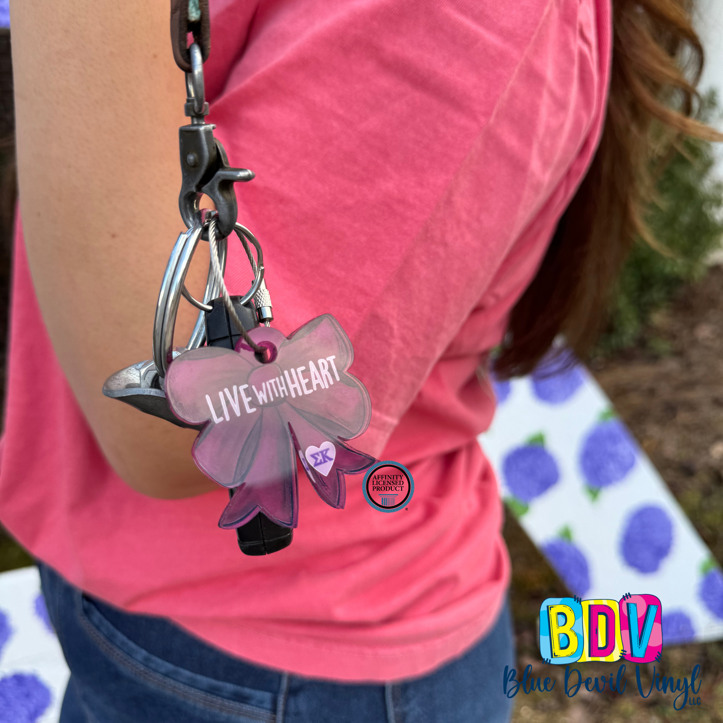 Maroon Bow Keychain with Sigma Kappa Greek Letters and Live With Heart