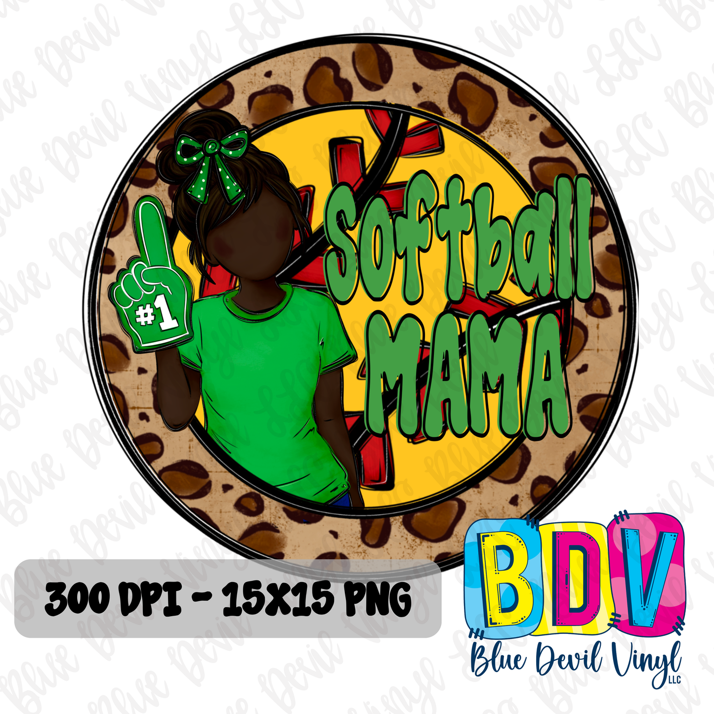 'Softball Mama' text and silhouette of a woman in a green shirt on a leopard print background. Option 3