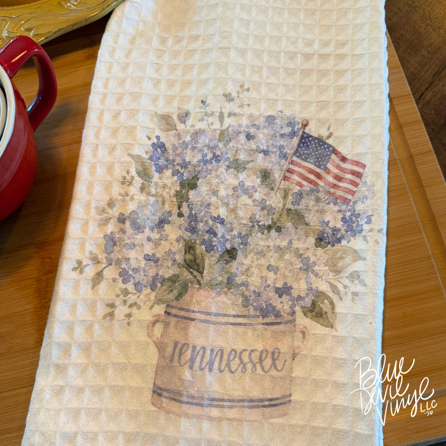 Patriotic Hydrangea with American Flag Tea Towel