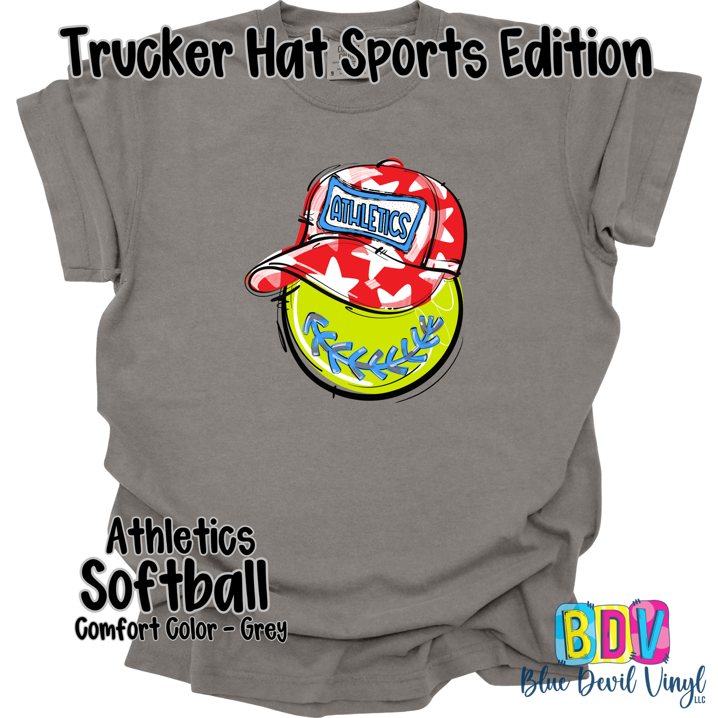 Grey Comfort Colors Tee with Athletics Softball Print on Front.
