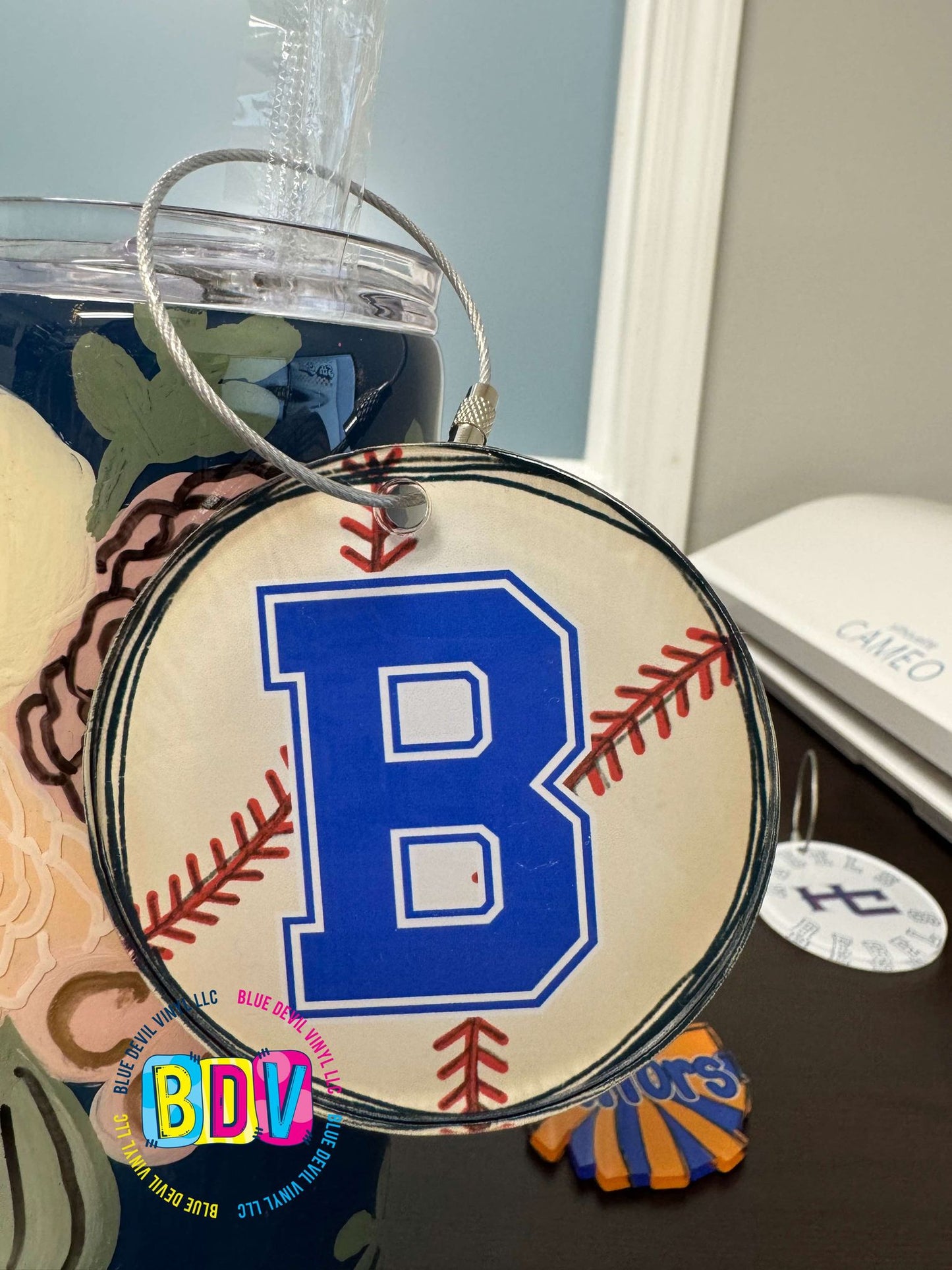3-inch Acrylic Bag Tag with Baseball design and B logo