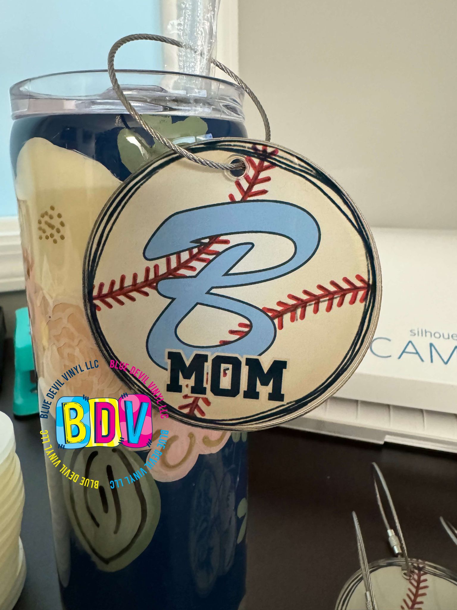 3-inch Acrylic bag tag baseball with B logo metal ring 