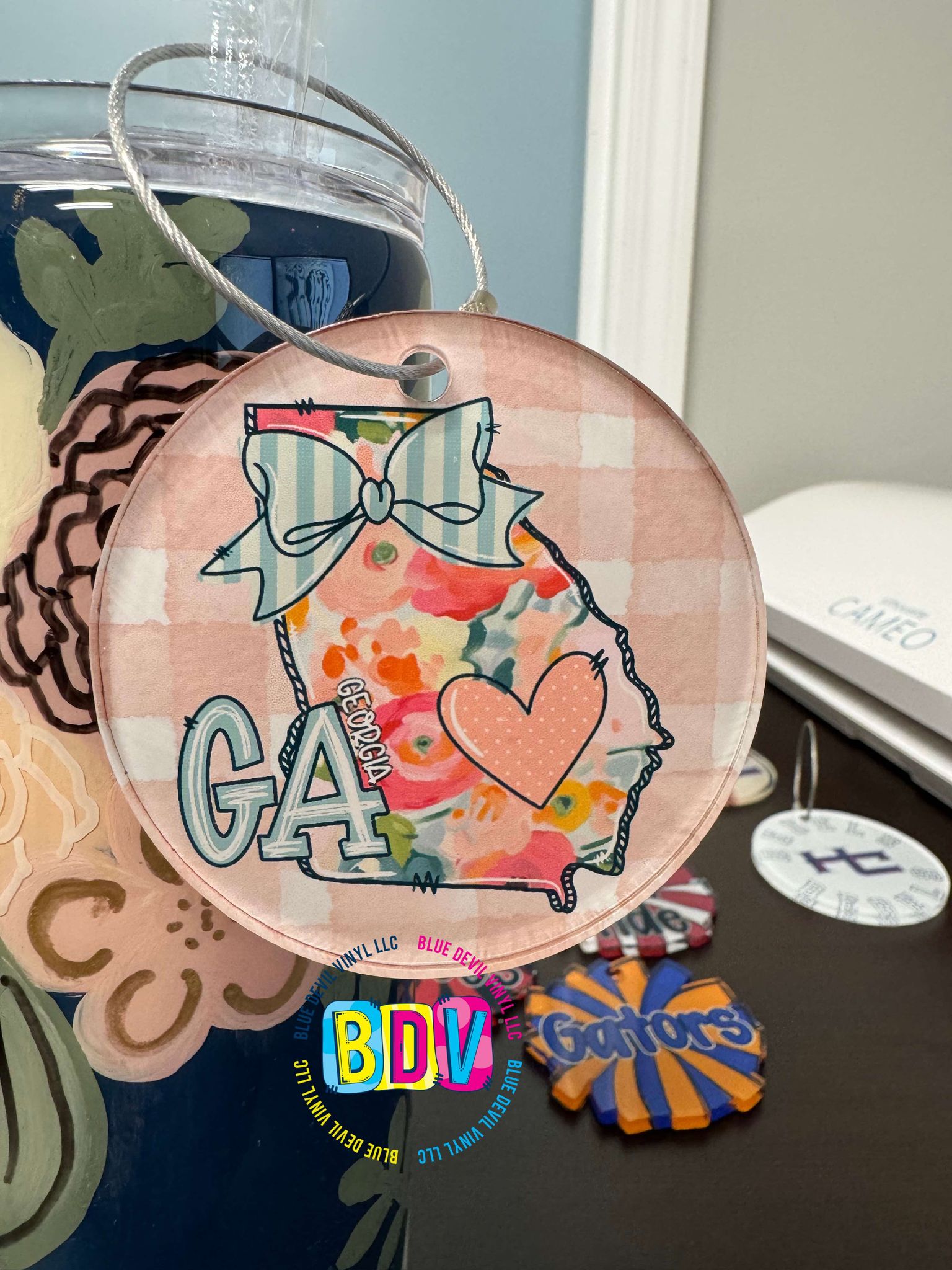 3-inch Acrylic bag tag with metal ring Georgia floral design 