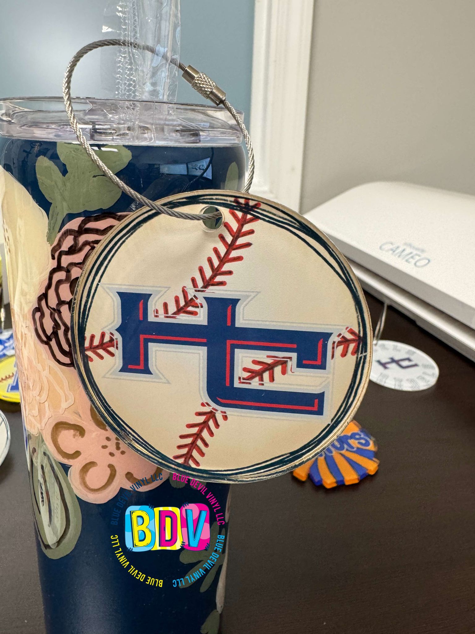 3-inch acrylic bag tag with metal ring baseball with HC logo design