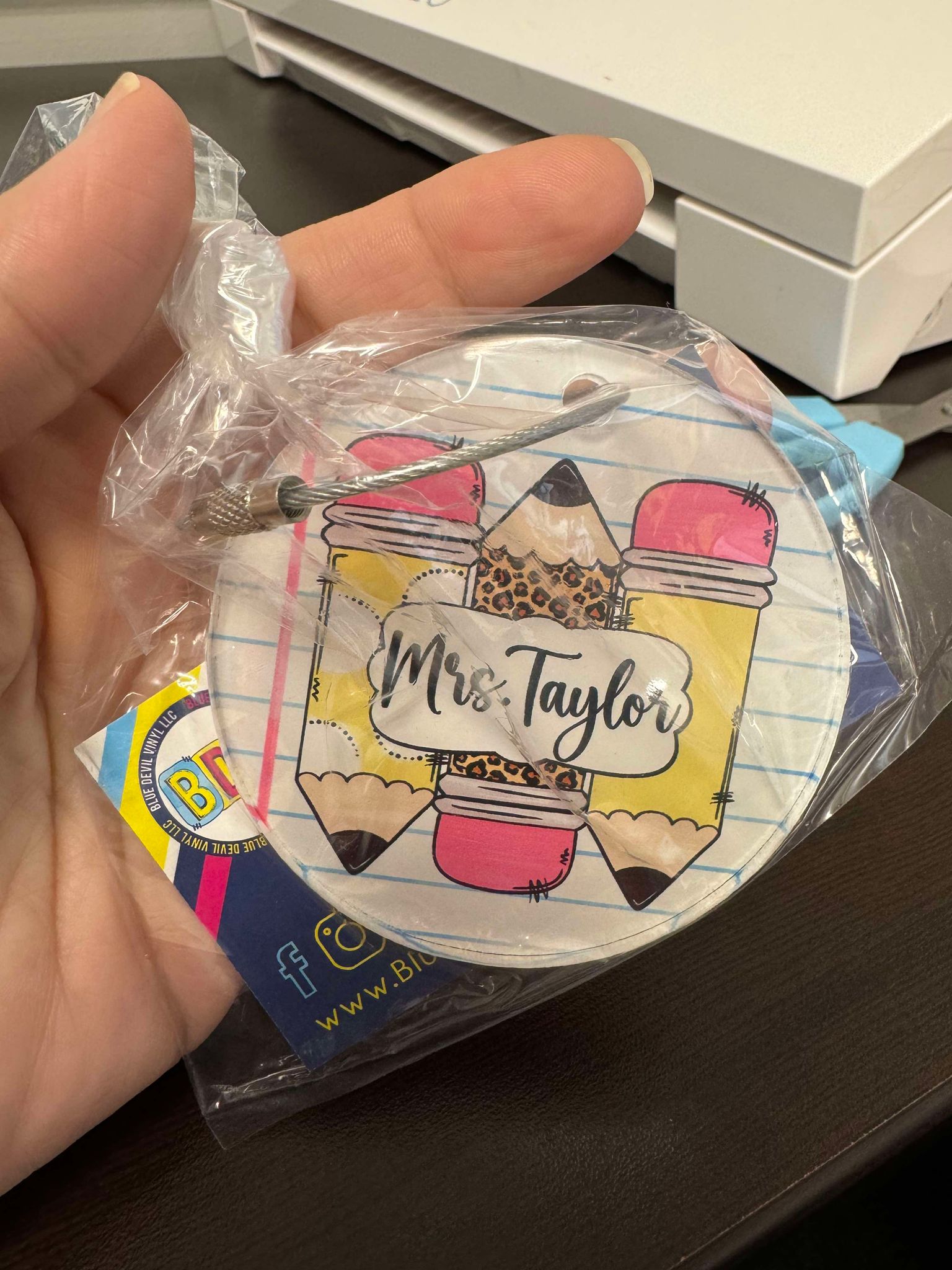 3-inch acrylic bag tag with metal ring three pencils with Mrs. Taylor design 