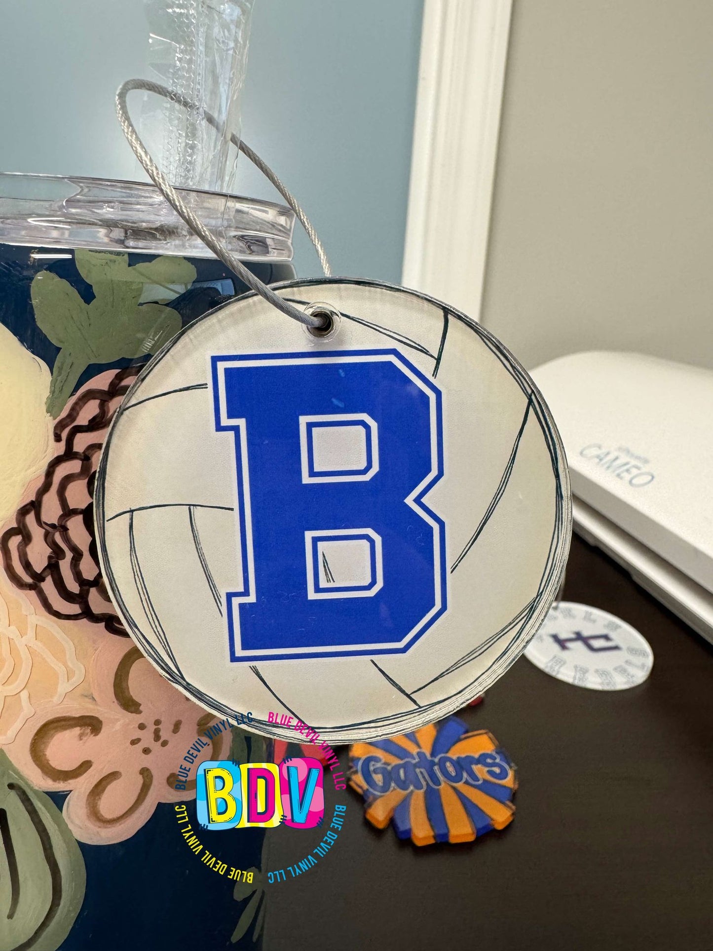 3-inch acrylic bag tag with volleyball and B Logo 