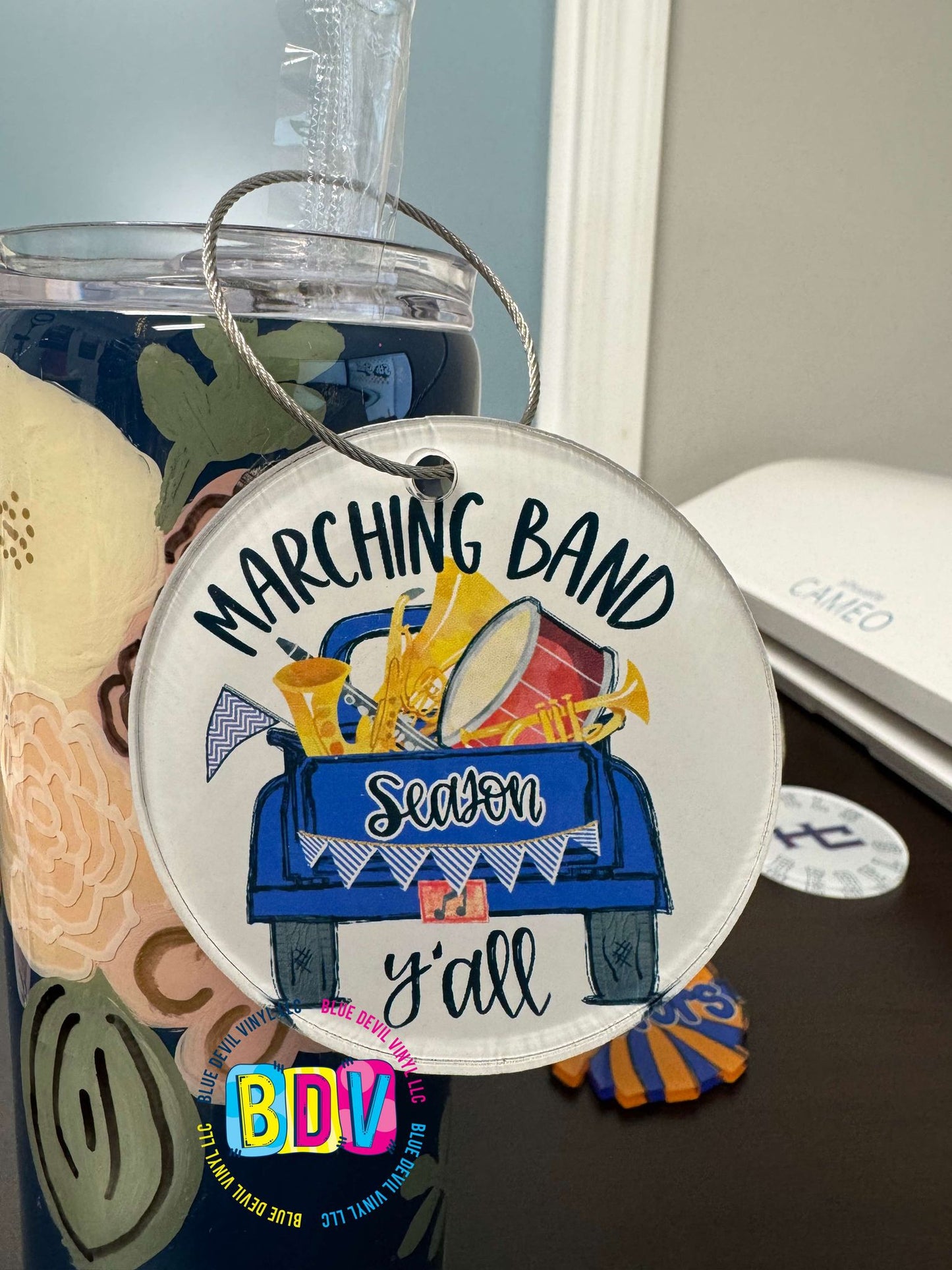 3-inch round Acrylic bag tag with Royal Blue marching band design metal ring 