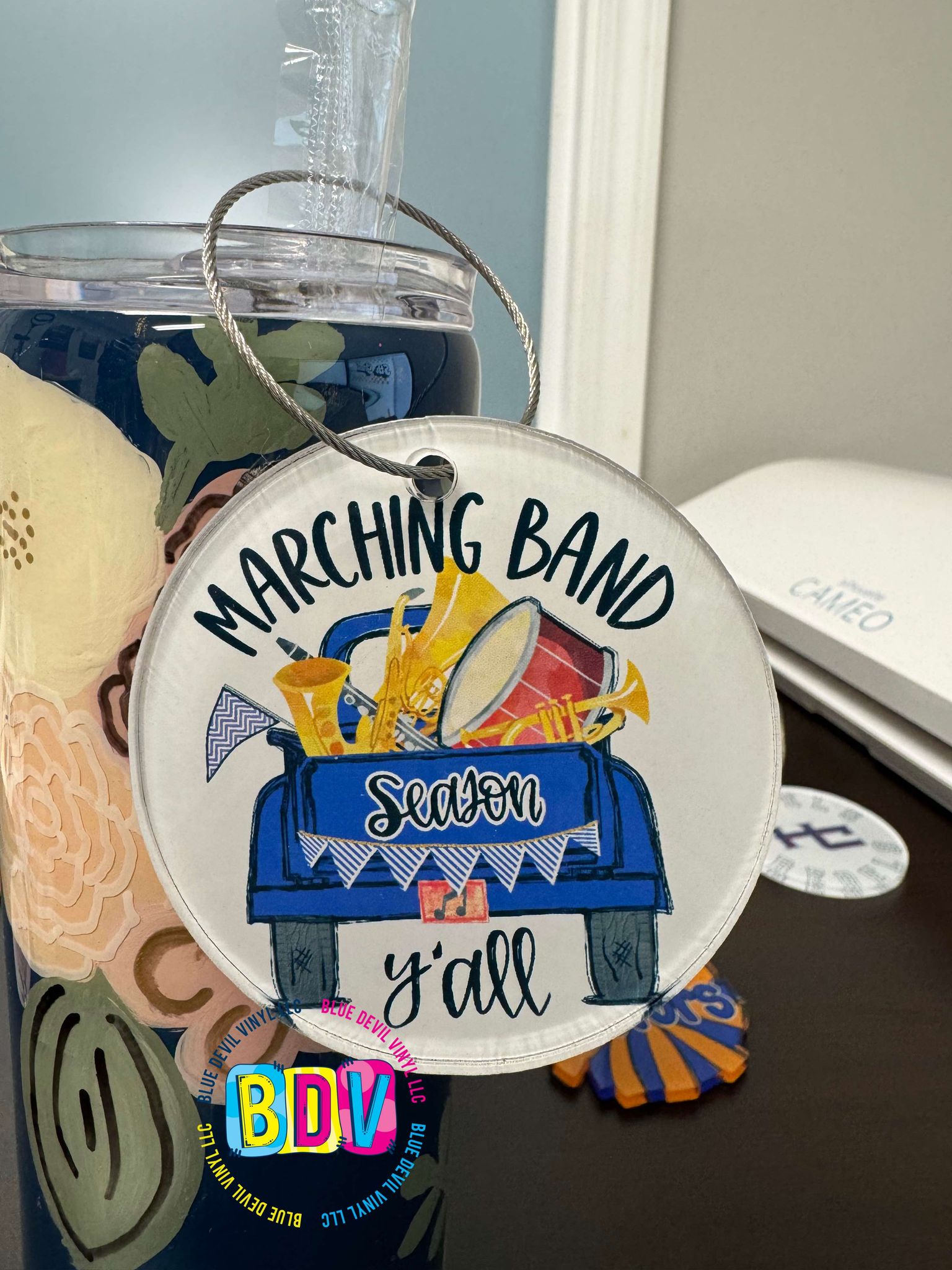 3-inch round Acrylic bag tag with Royal Blue marching band design metal ring 