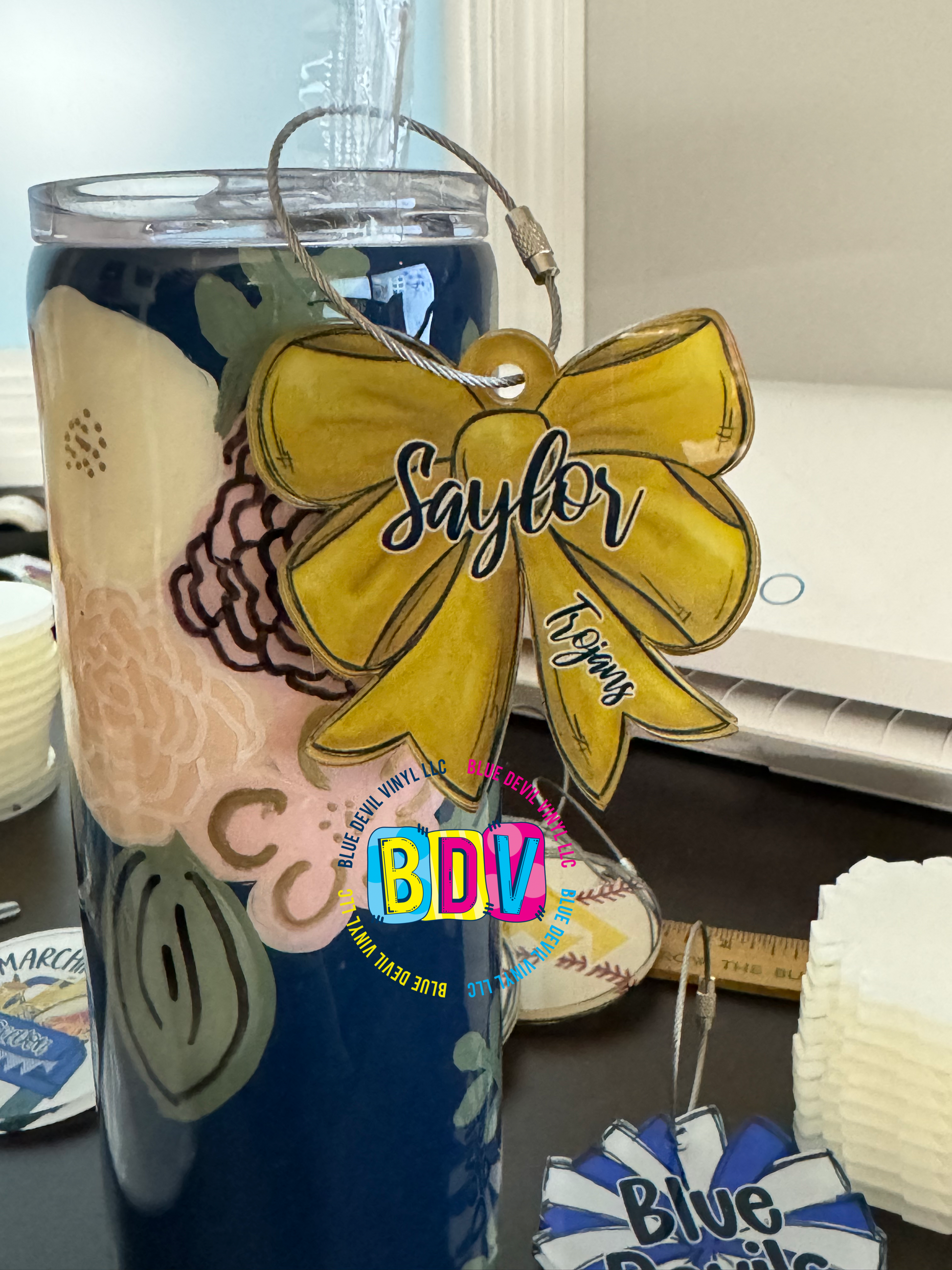 3" Acrylic Personalized Bag Tag Bow Gold Sample with Saylor and Trojans added 