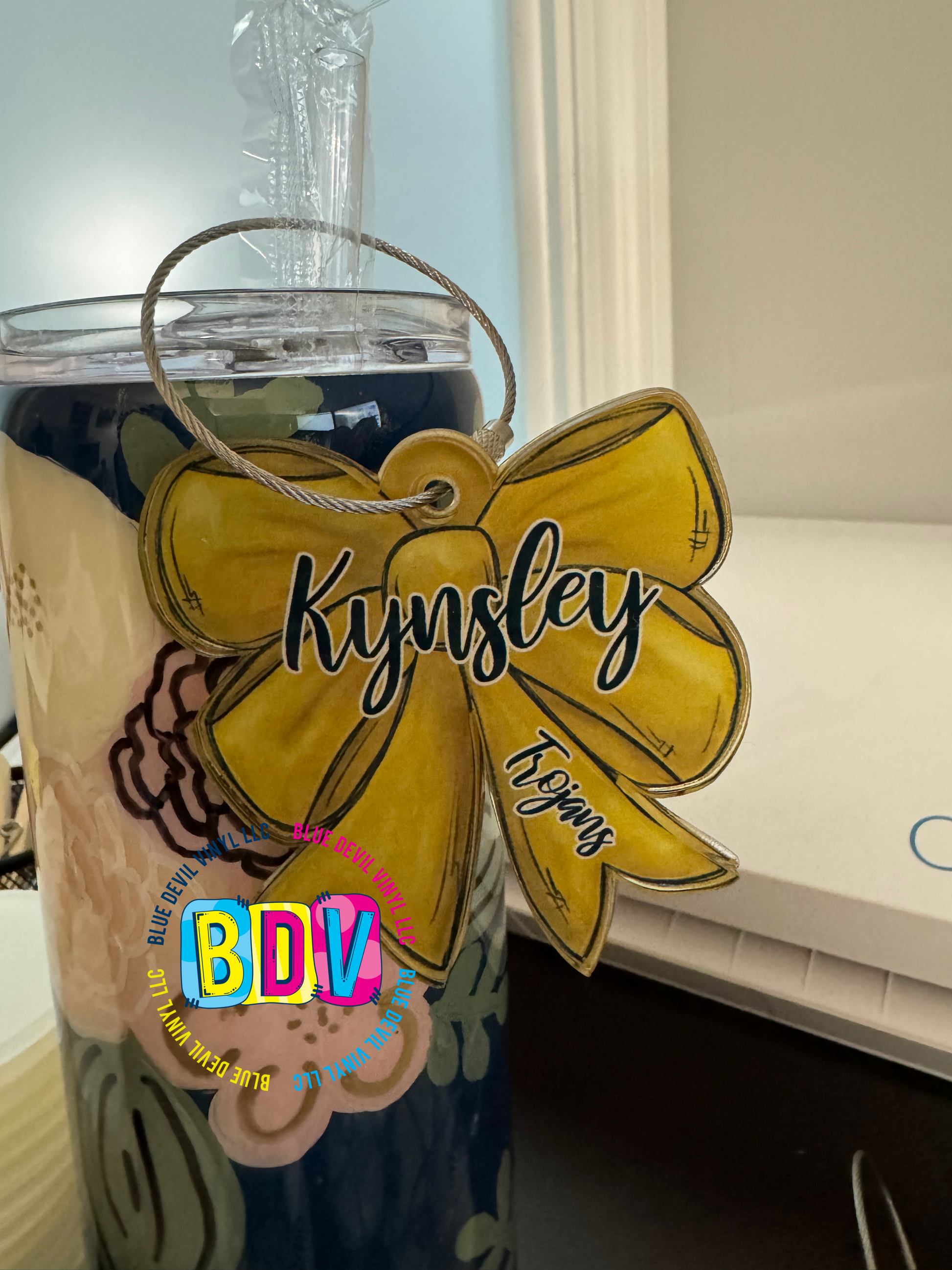3" Acrylic Personalized Bag Tag in Gold Sample with Kynsley and Trojans added 