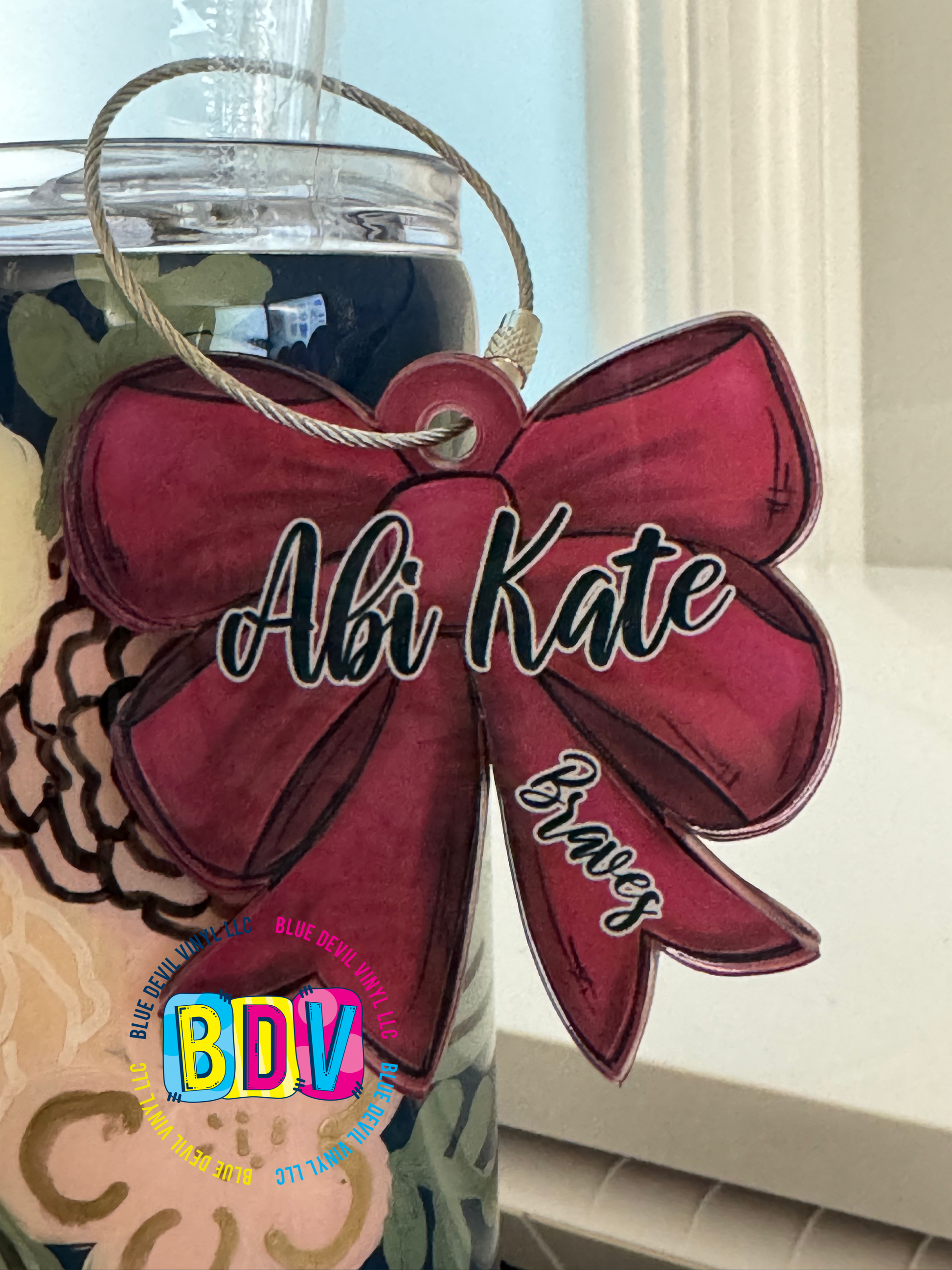 3" Acrylic Personalized Maroon Bag Tag Sample with Abi Kate and Braves 