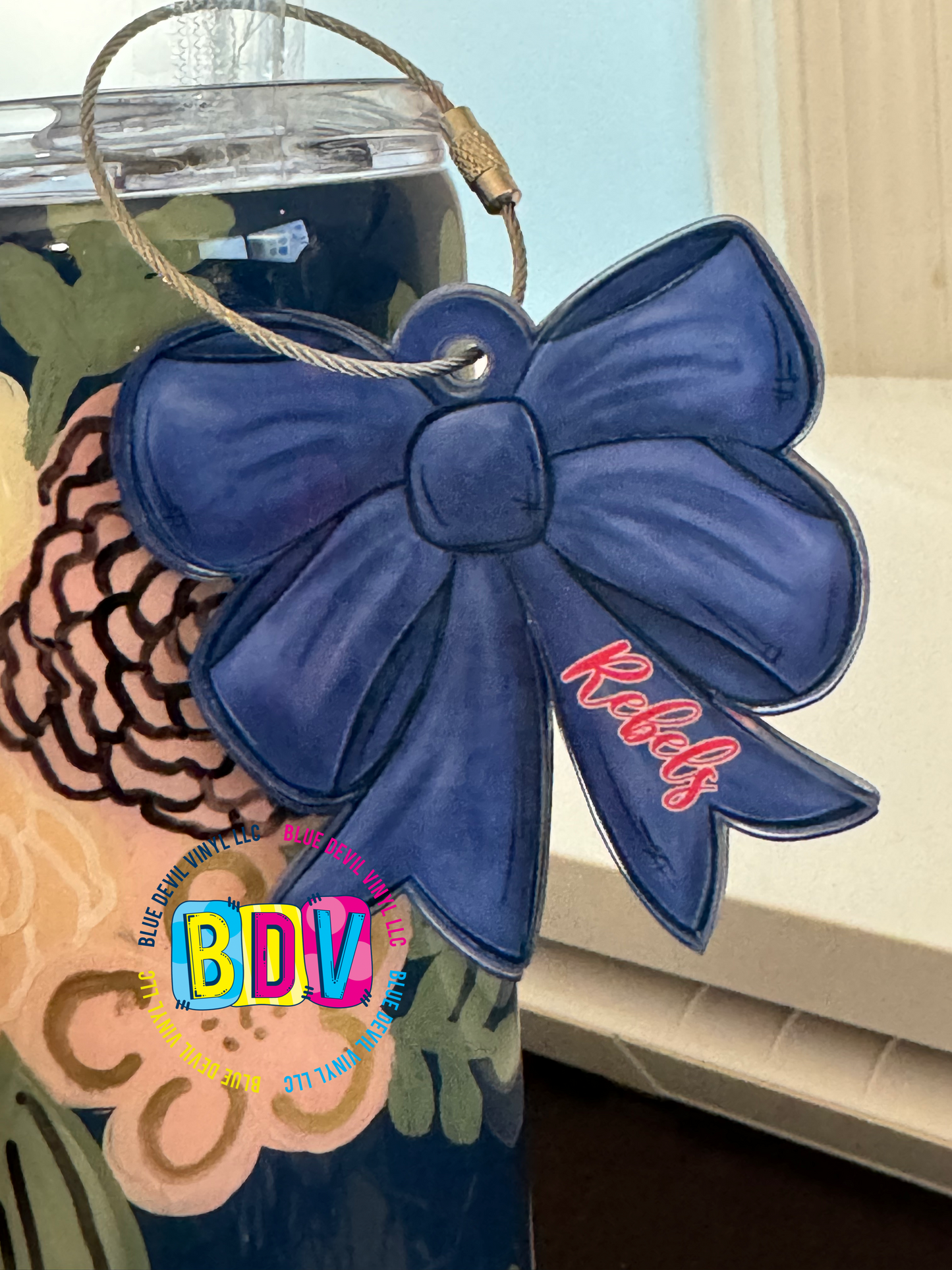 3" Acrylic Personalized Bow Bag Tag Navy Sample with Rebels in Red 