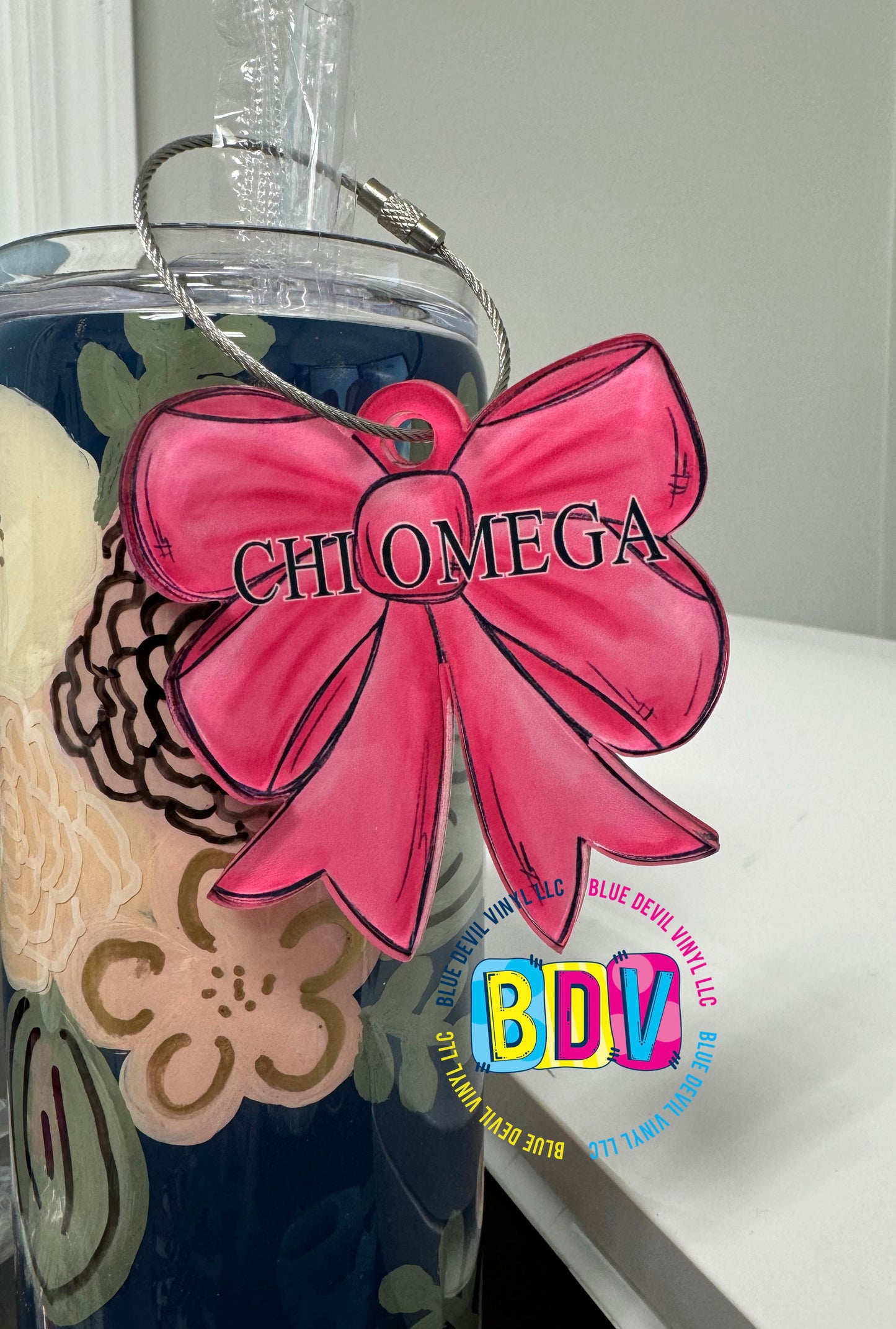 3" Acrylic Personalized Bag Tag in Pink Sample with Chi Omega added  