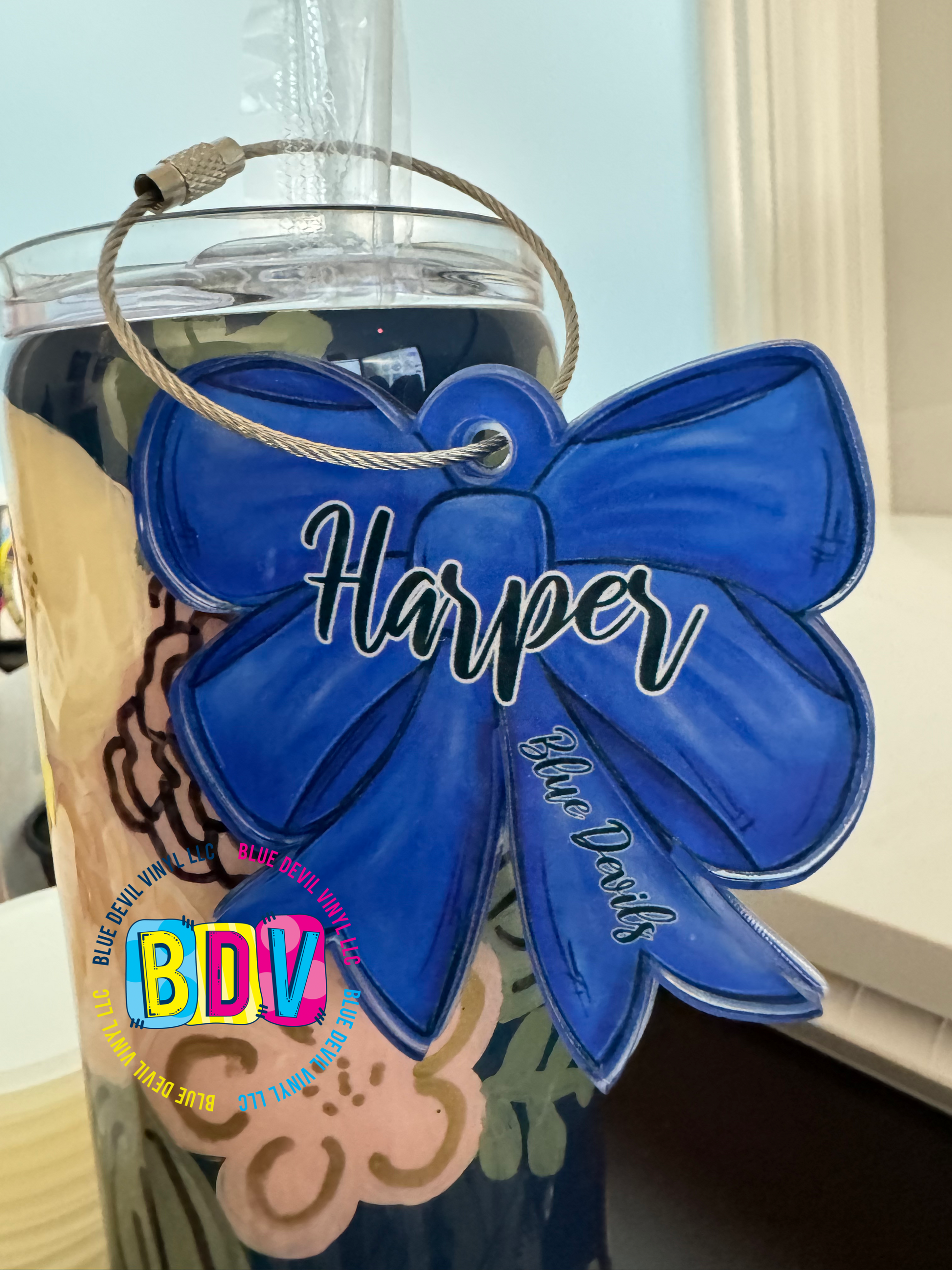 3" Acrylic Personalized Royal Blue Bag Tag Sample with Harper and Blue Devils 