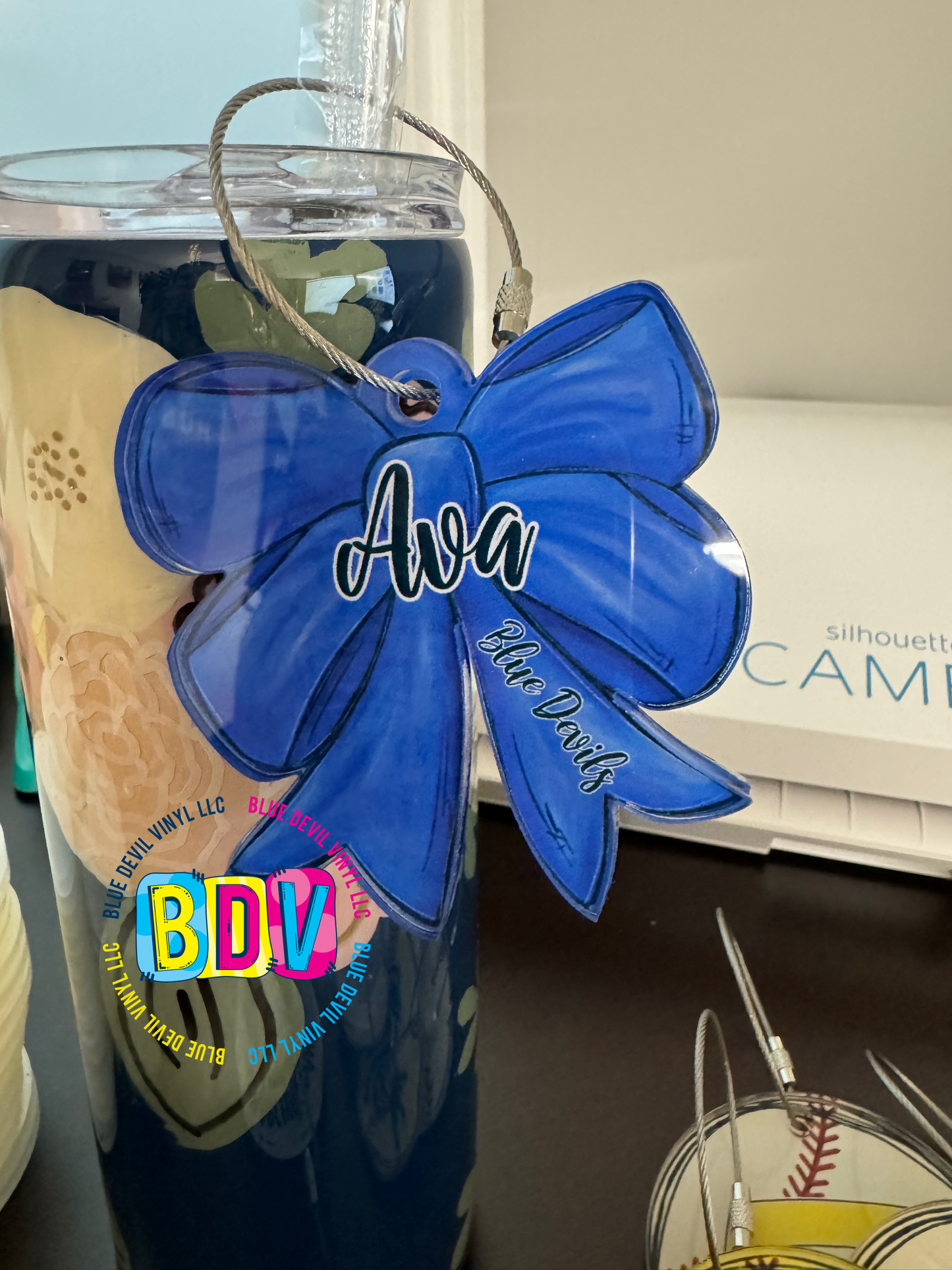 3" Acrylic Personalized Bag Tag Bow Sample with Ava and Blue Devils 