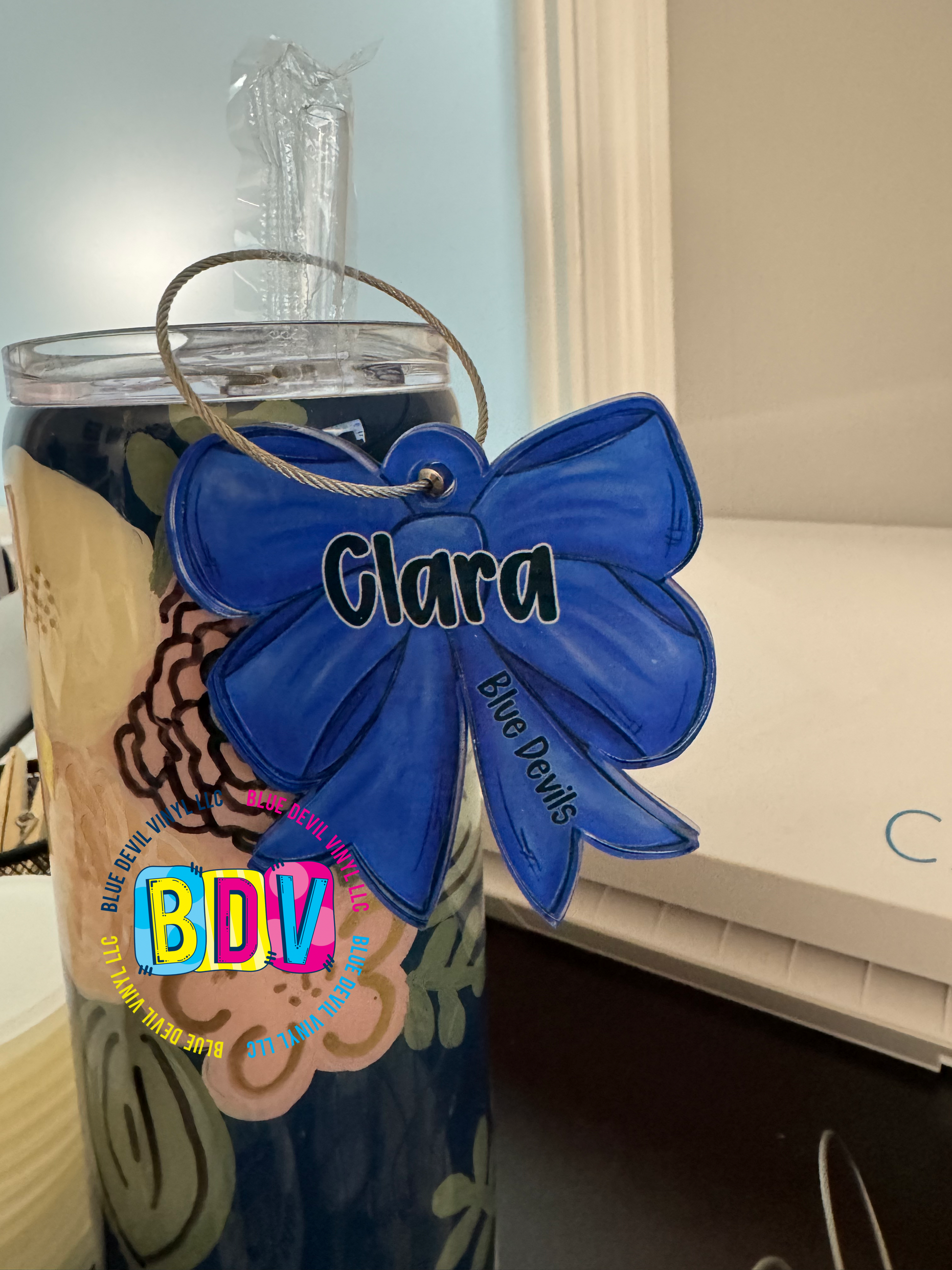 3" Acrylic Personalized Bag Tag Royal Blue Sample with Clara and Blue Devils 