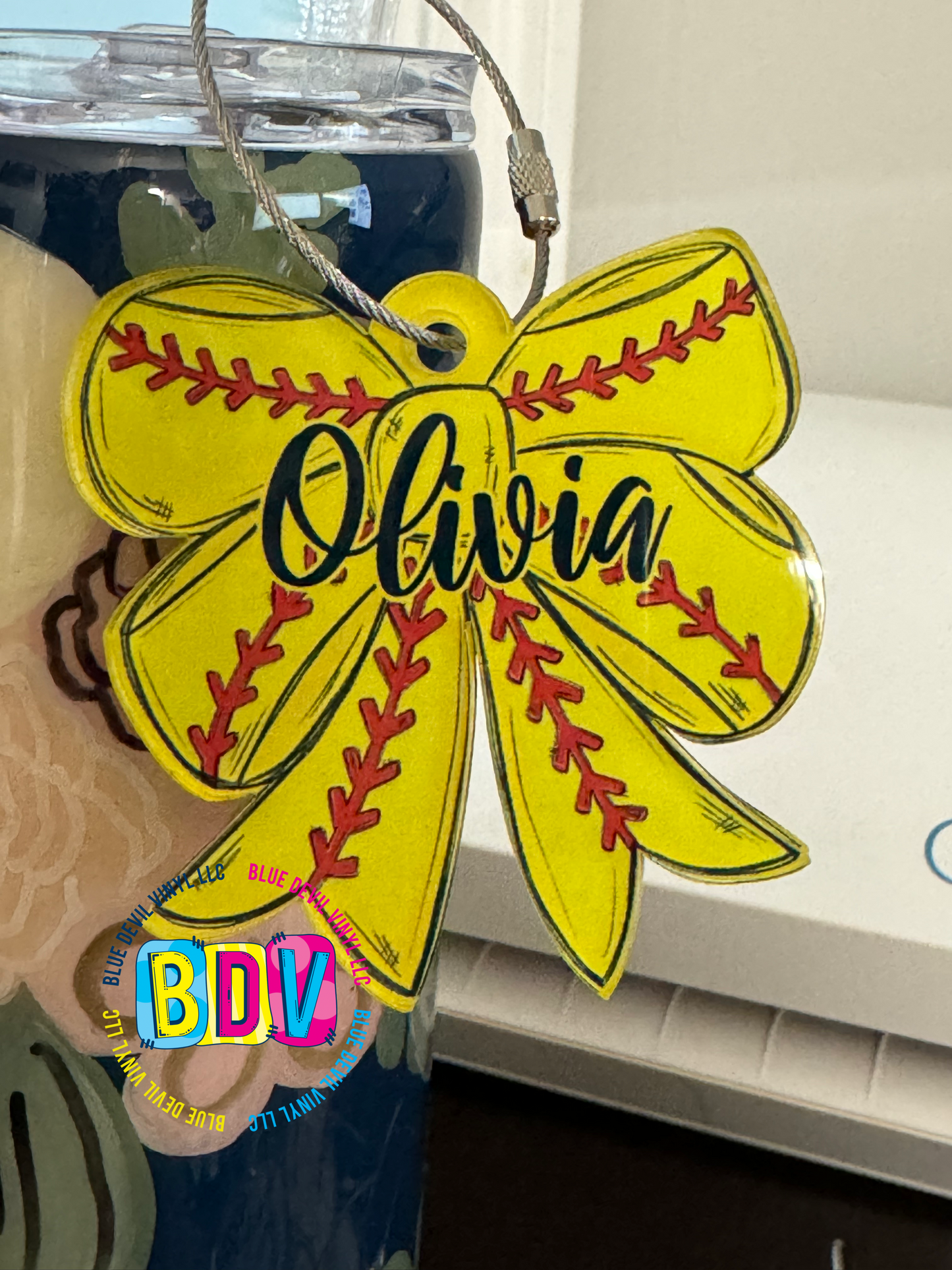 3" Acrylic Personalized Softball Bag Tag Sample with Olivia