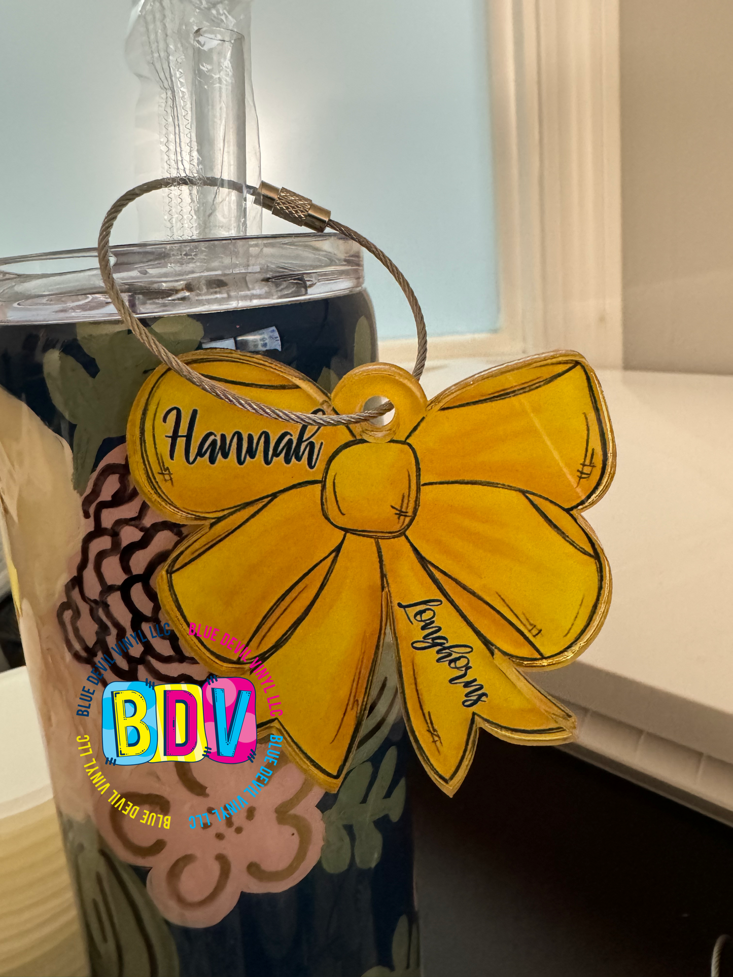 3" Acrylic Personalized Bag Tag in Yellow  Sample with Hannah and Longhorns added 