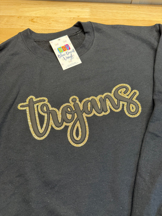 Gildan Black Crewneck Sweatshirt - Trojans Puff design with  Gold Glitter - Adult Medium