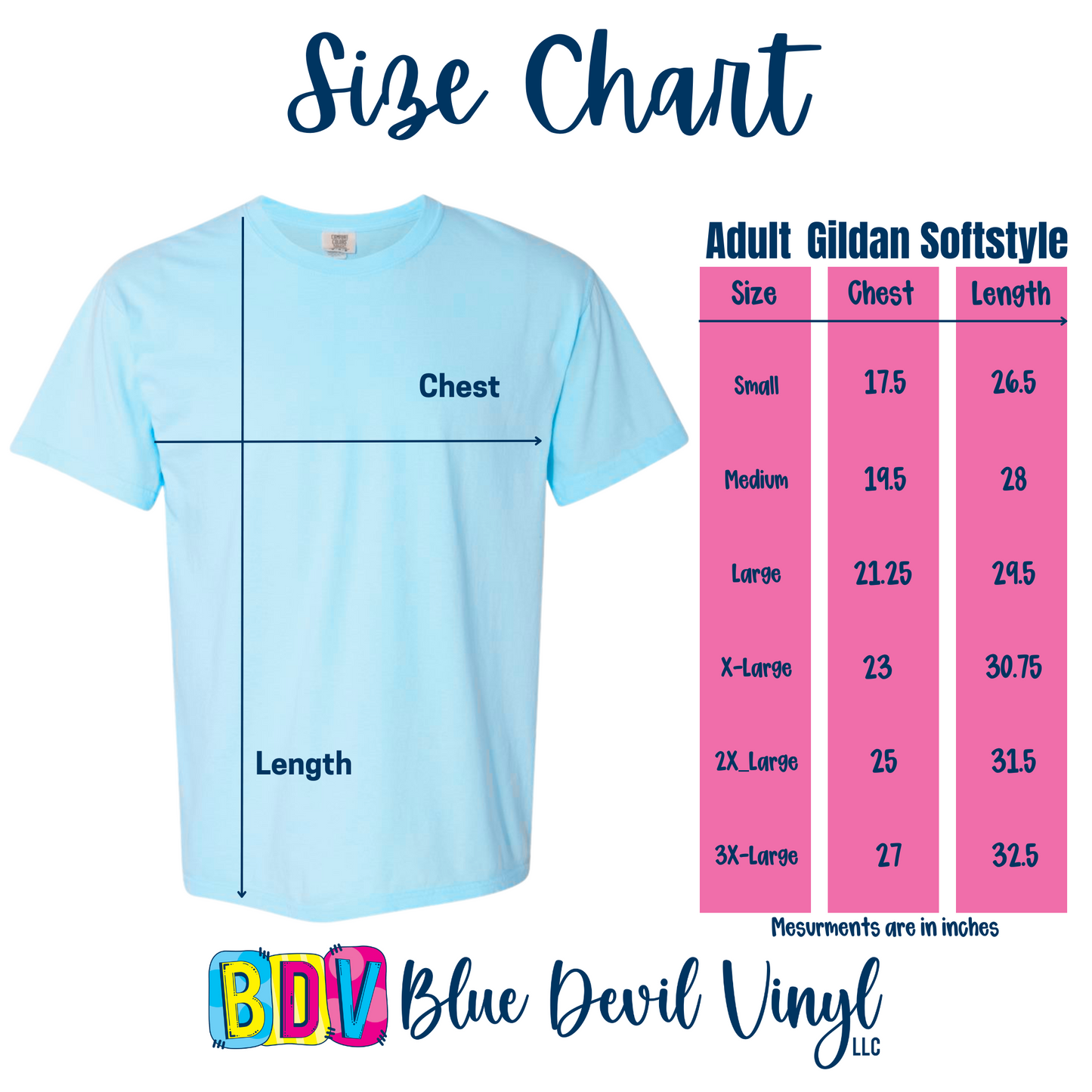Size chart for Gildan Softstyle t-shirts with a blue t-shirt and measurement details.