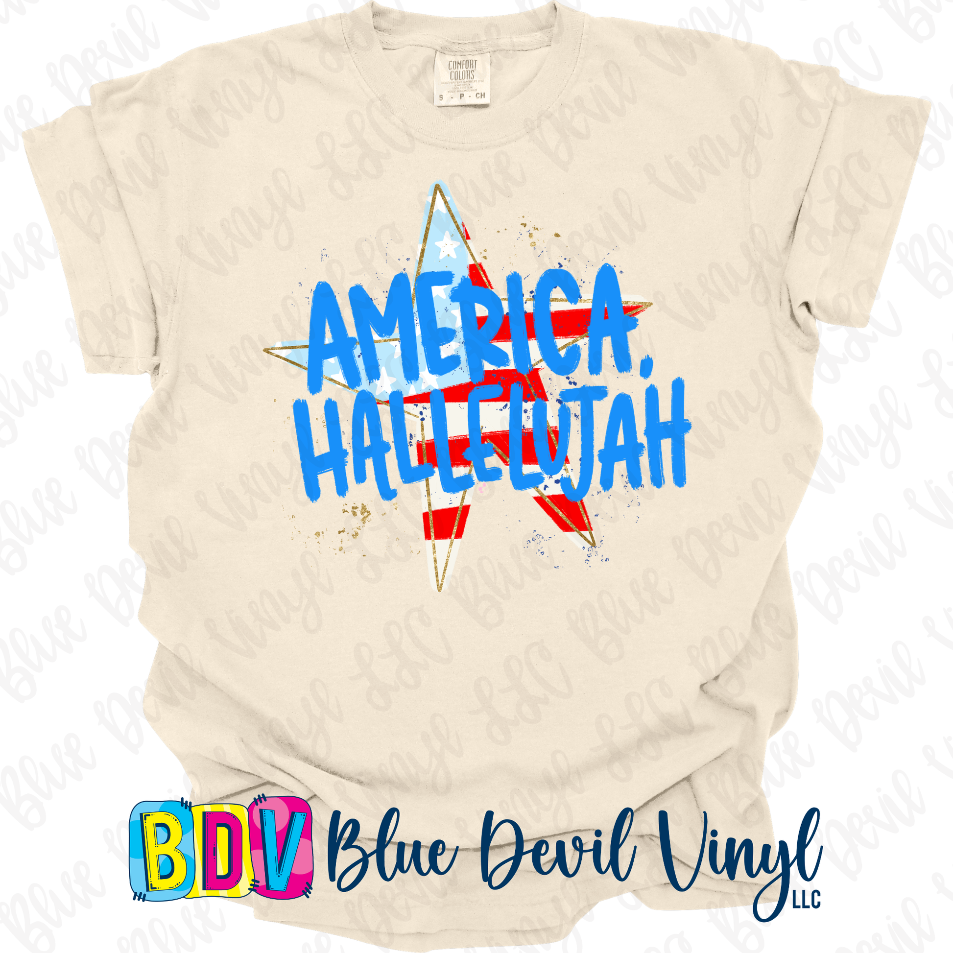 Beige t-shirt with 'America Hallelujah' text and star design.