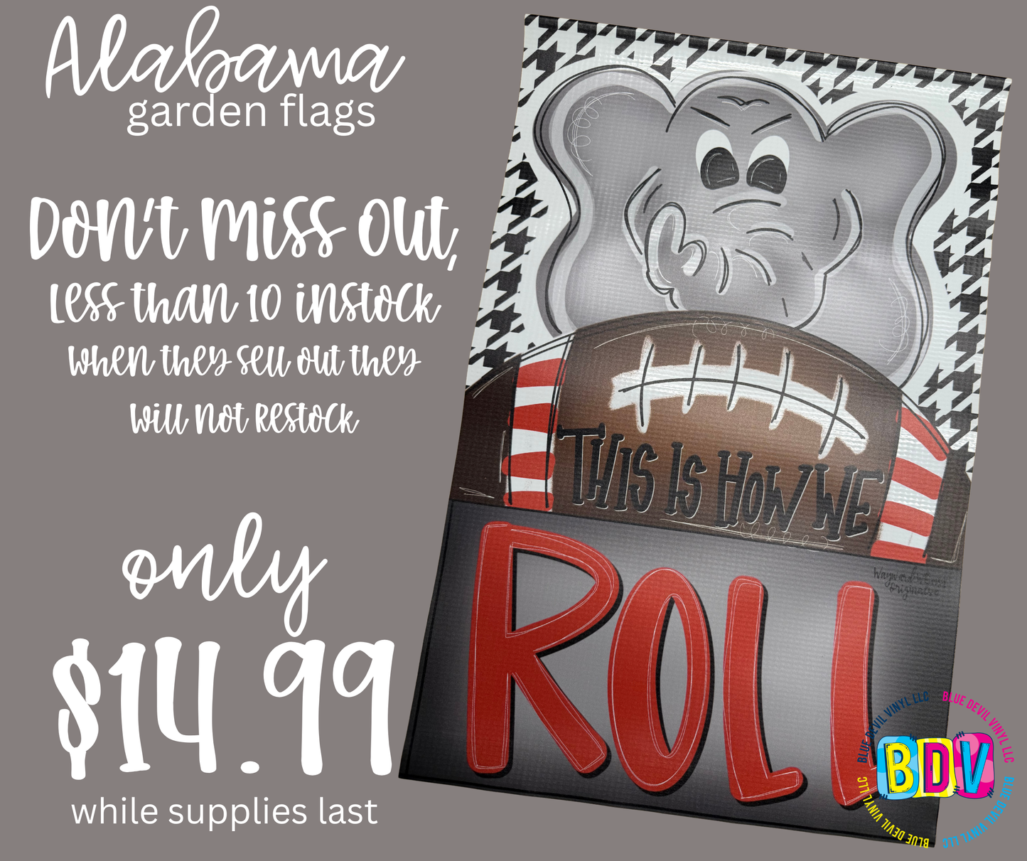 Alabama garden flag with elephant and football design on a gray background