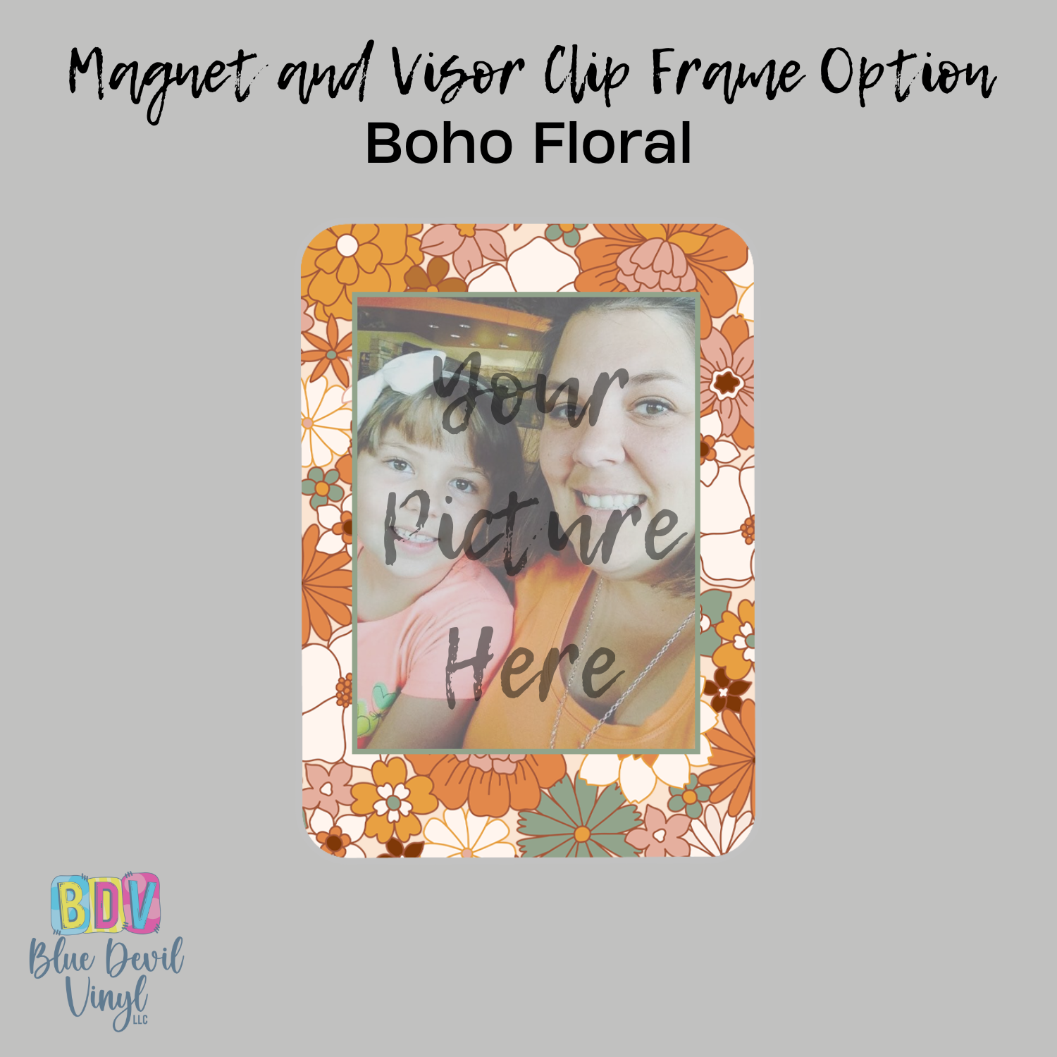 Boho Floral photo frame option for custom visor clip, magnet or key chain 