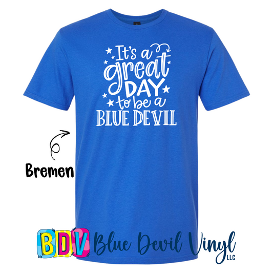 Royal Blue t-shirt with 'It's a great day to be a Blue Devil' design. 