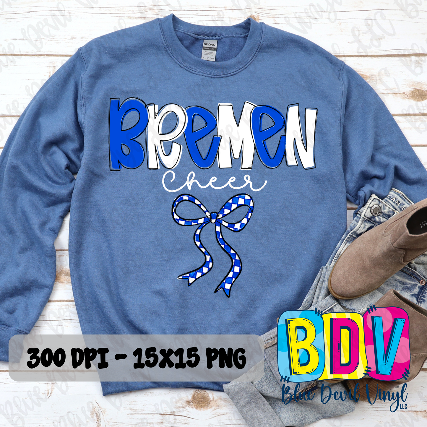 Blue sweatshirt with 'Bremen Cheer' text and a bow graphic