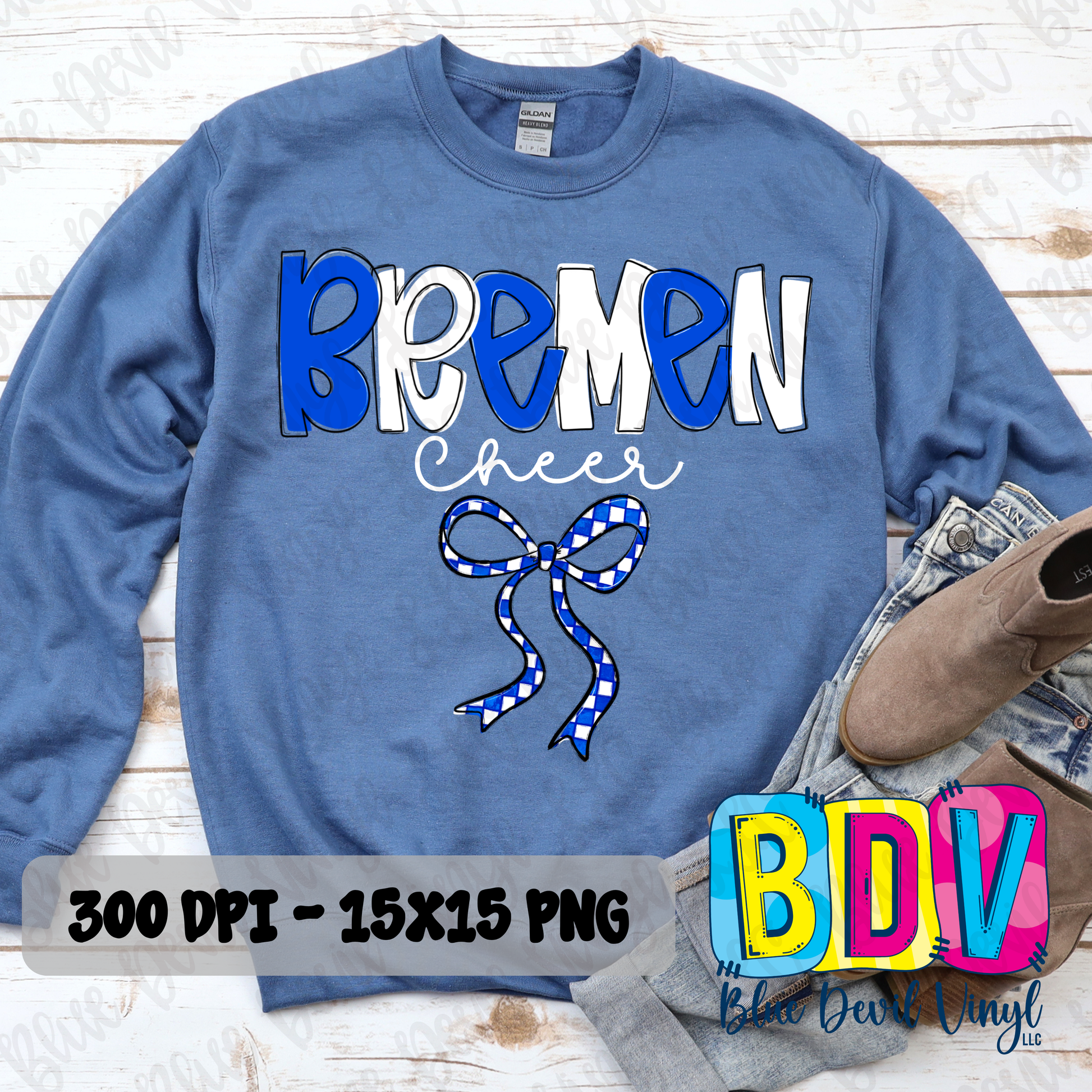 Blue sweatshirt with 'Bremen Cheer' text and a bow graphic