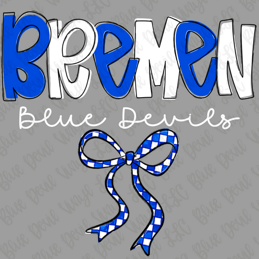 Text 'Blue Devils' with a blue and white checkered bow on a gray background