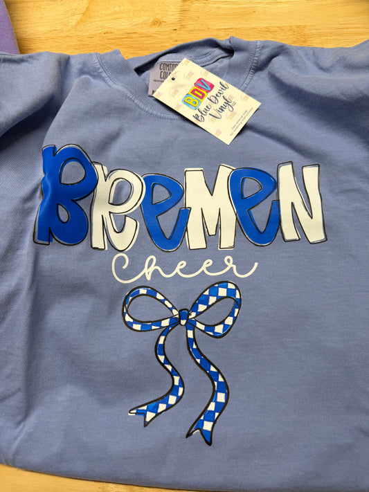 Blue tee with 'Bremen' and ribbon design