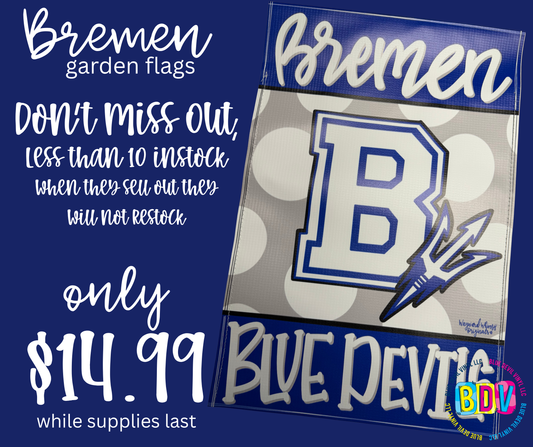 Advertisement for Bremen garden flags with a blue background and promotional text.