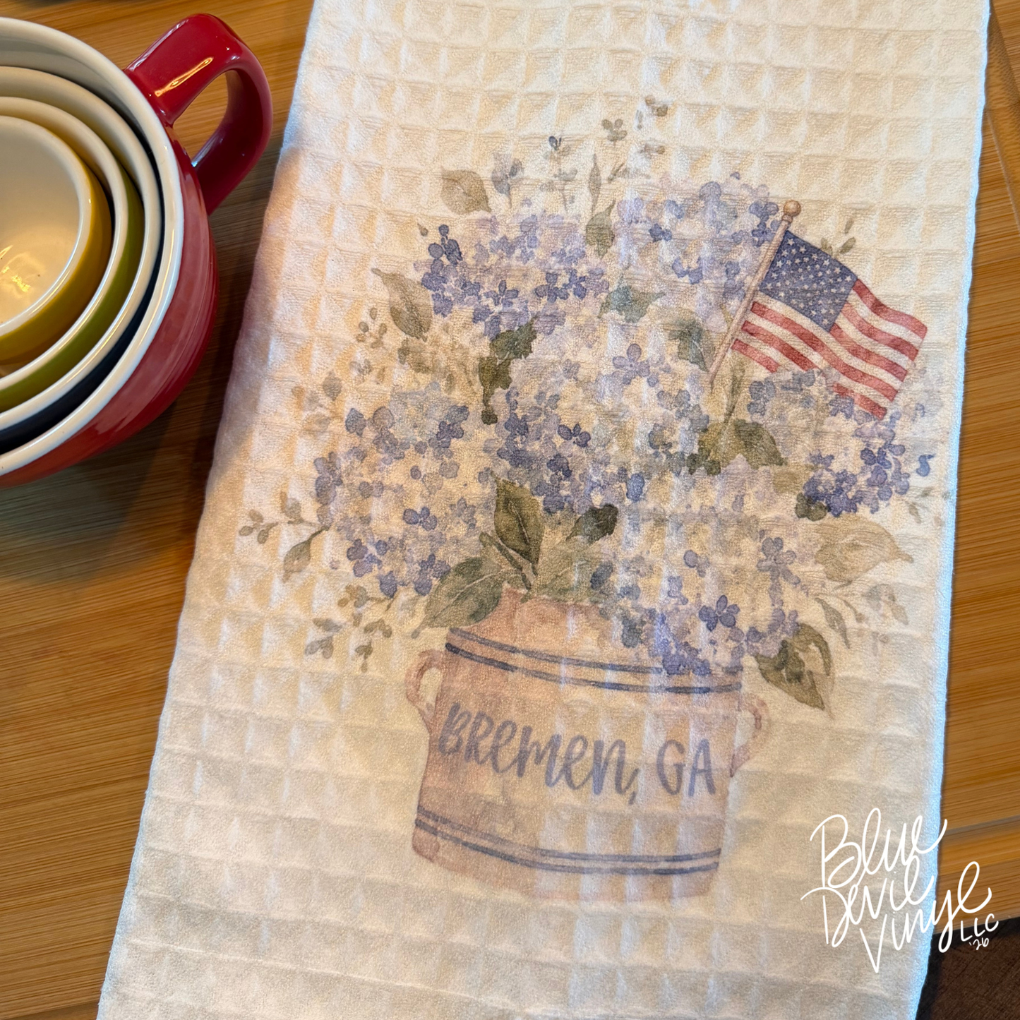 Patriotic Hydrangea with American Flag Tea Towel