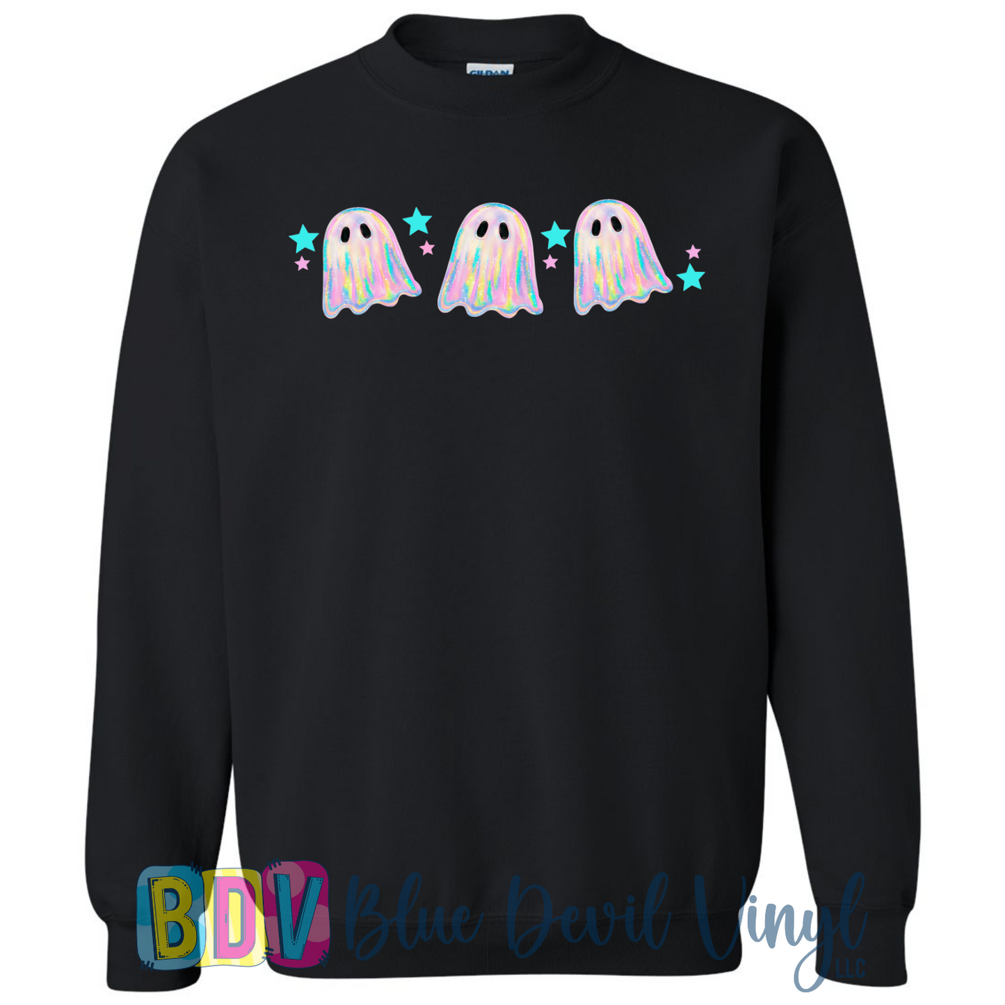 Black sweatshirt with colorful ghost design.