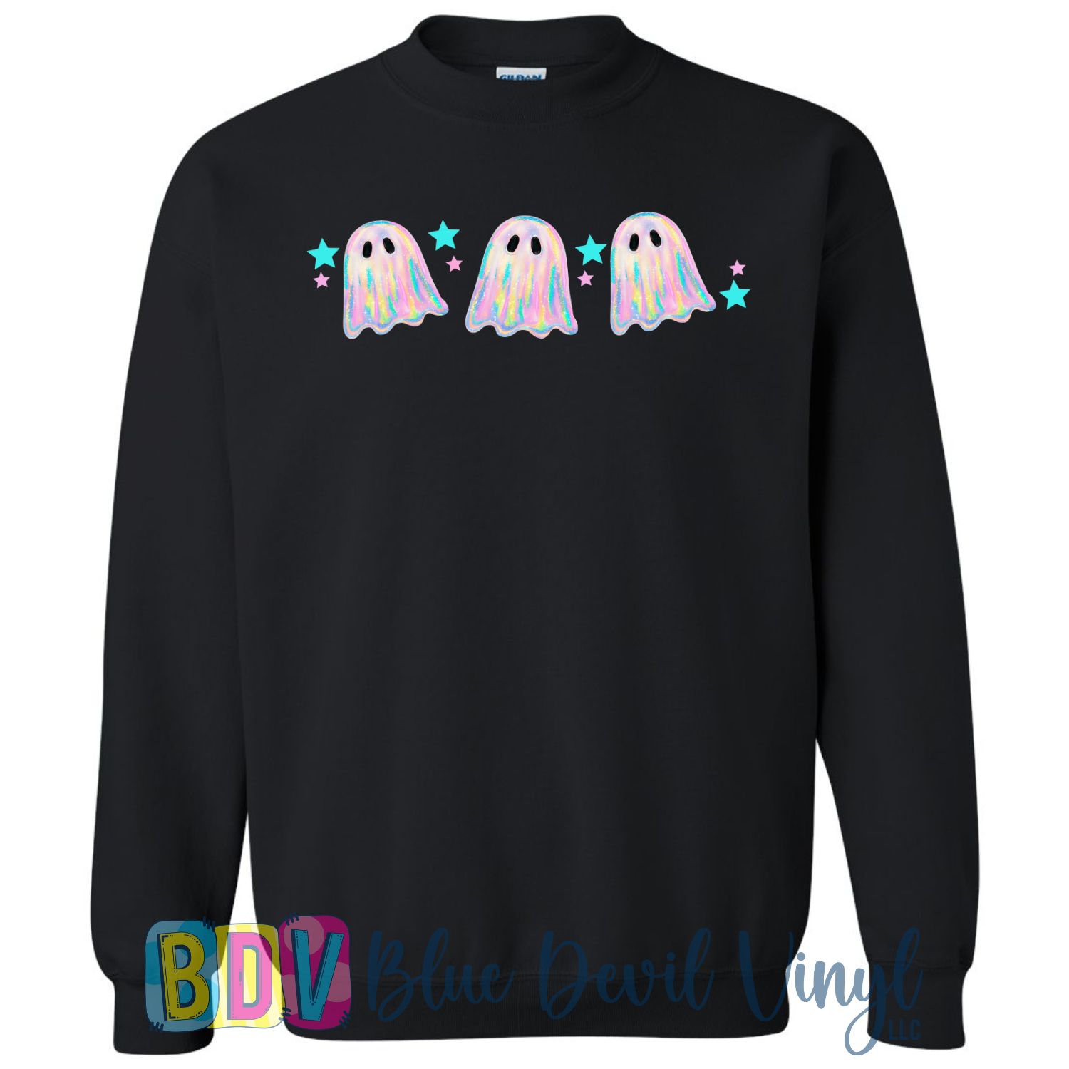 Black sweatshirt with colorful ghost design.