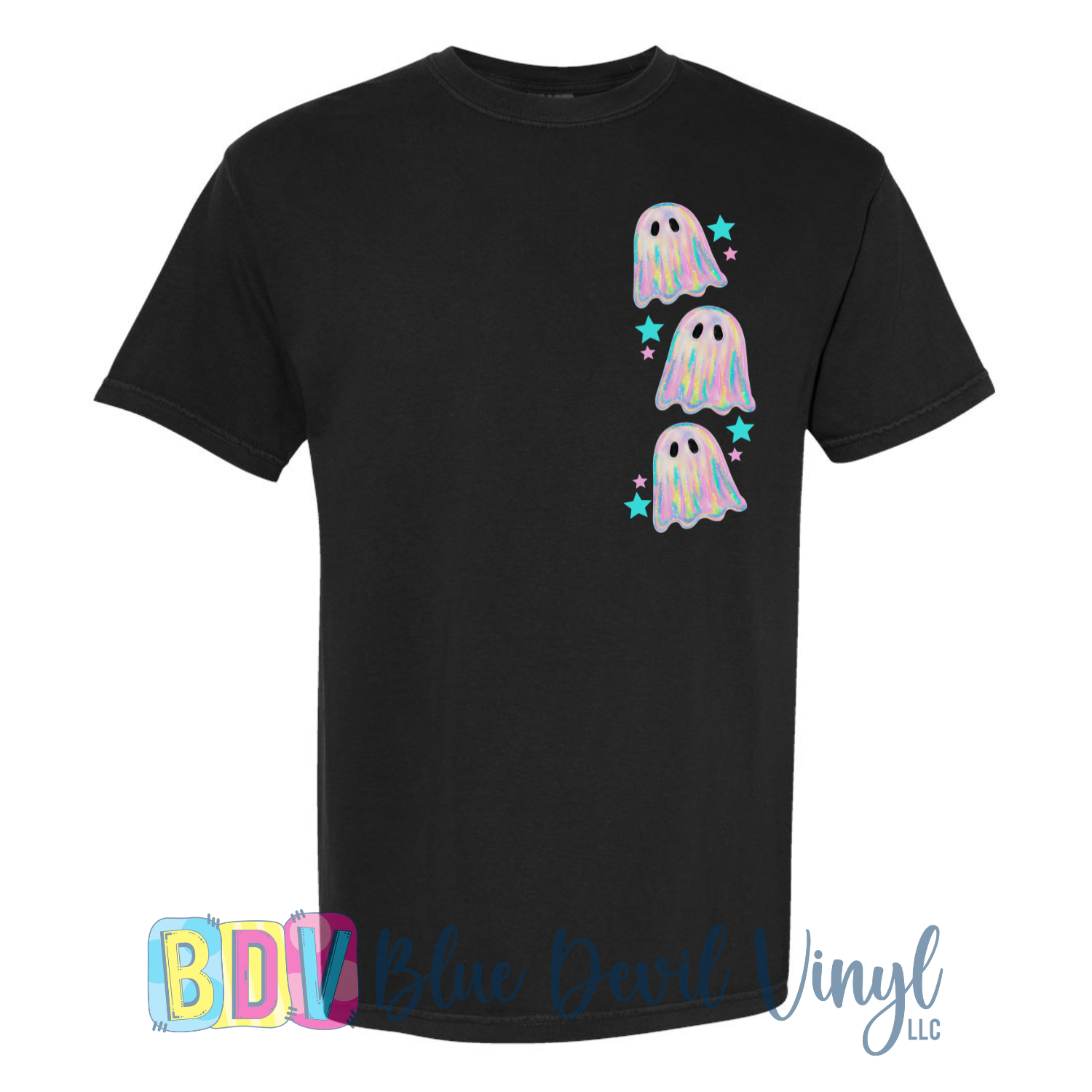 Black t-shirt with colorful ghost design 