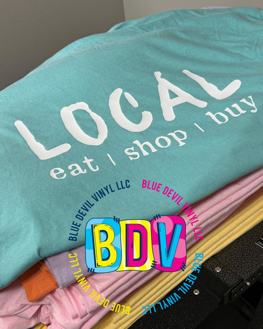 Back Design on Comfort Color T-shirt Local Eat Shop Buy 
