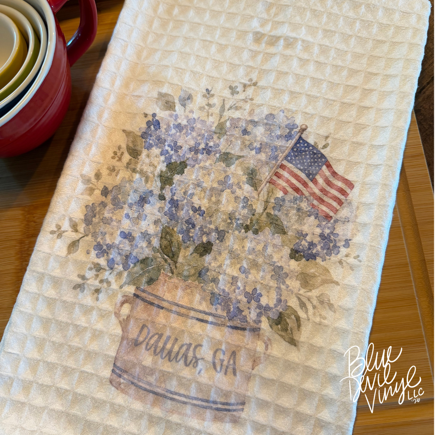 Patriotic Hydrangea with American Flag Tea Towel