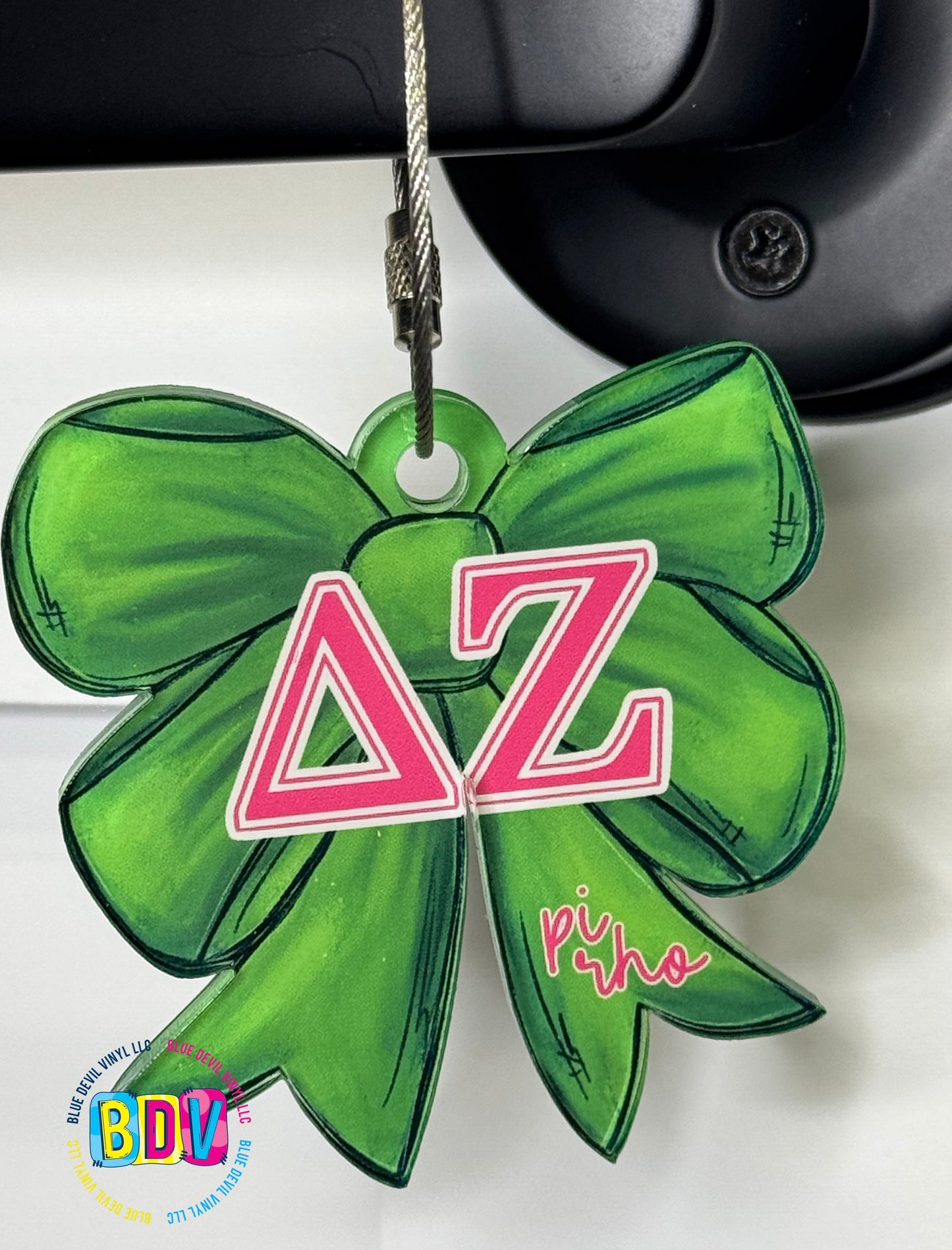 Delta Zeta Green Bow with Pink Greek Letters Chapter Name added 
