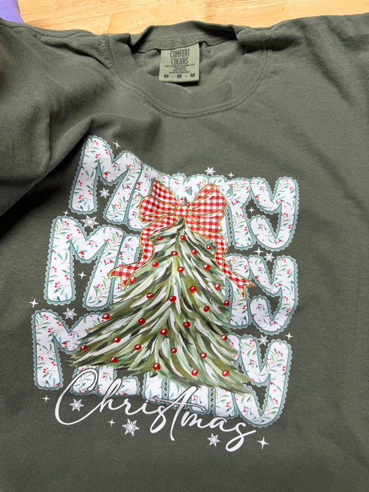 Comfort Color Dk Green Tee - Merry Merry Merry Christmas -Adult Medium