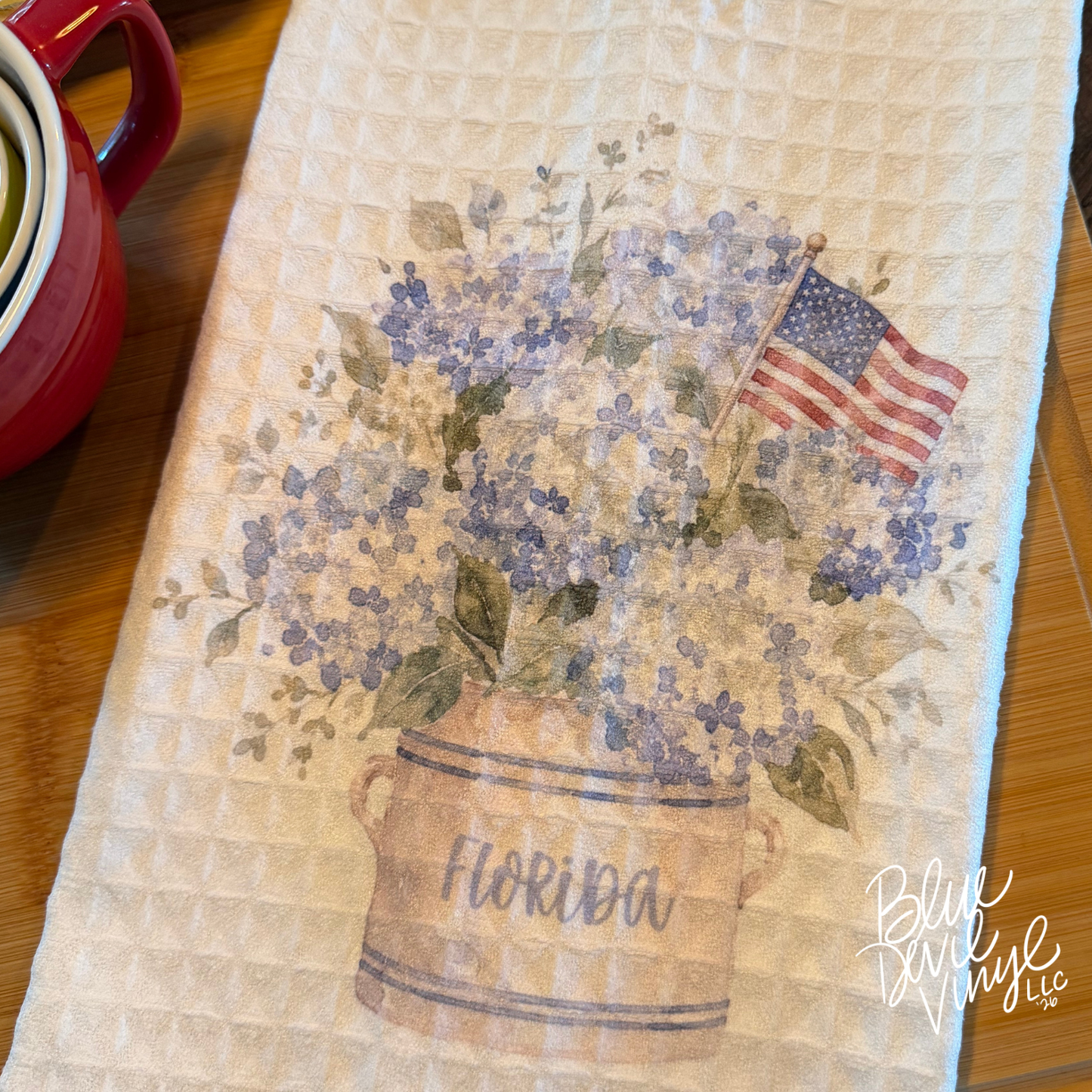 Patriotic Hydrangea with American Flag Tea Towel