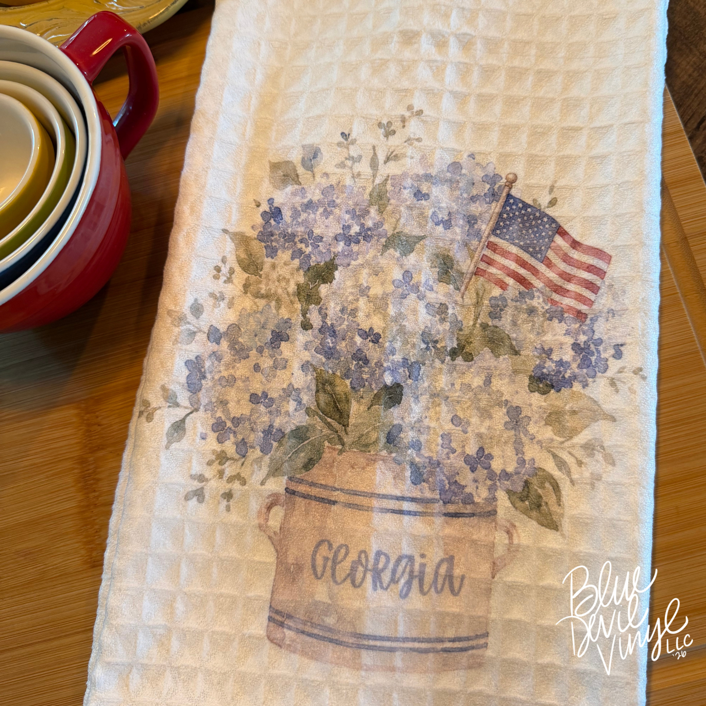 Patriotic Hydrangea with American Flag Tea Towel