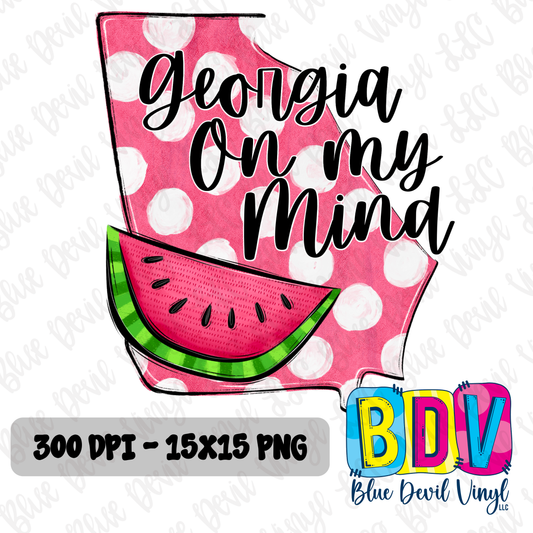 Polka dot state of Georgia with watermelon slice and 'Georgia On My Mind' 