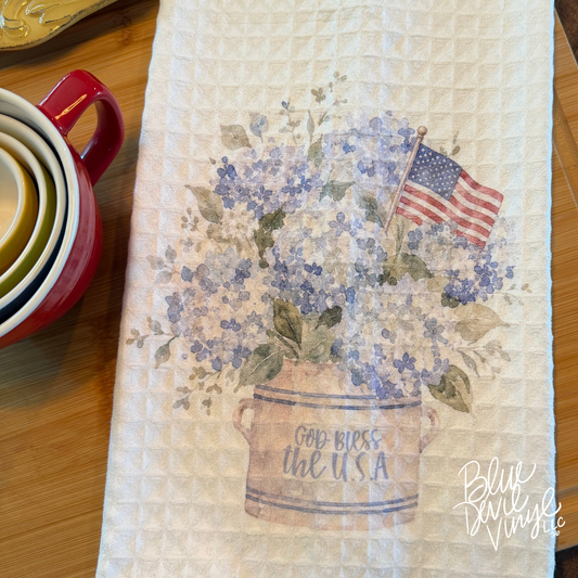 Patriotic Hydrangea with American Flag Tea Towel