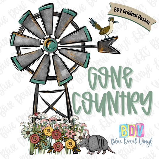 Decorative design with windmill, flowers, armadillo, and 'Gone Country' text on a white background.
